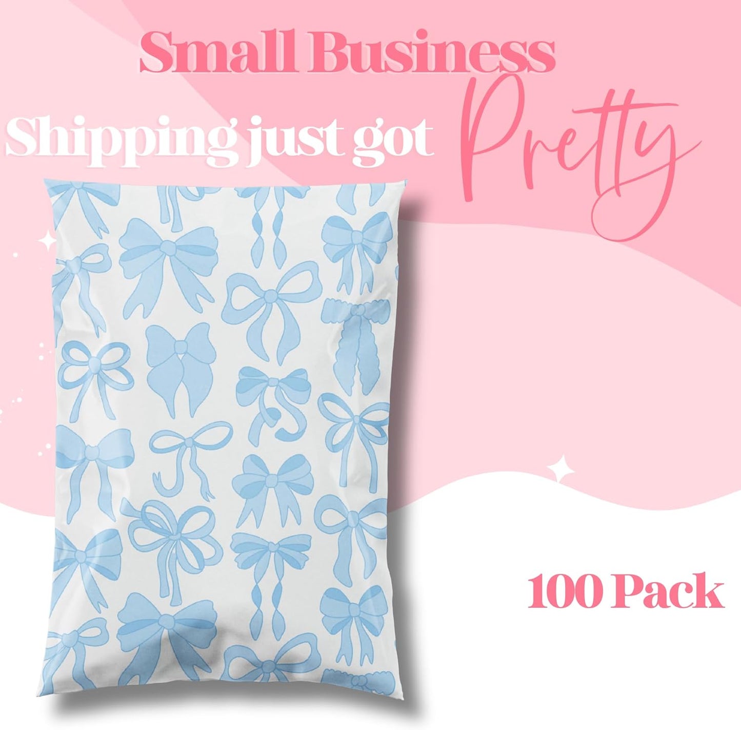 14.5x19 Designer Poly Mailer 100 Pack Heavy Duty Waterproof Self Seal Shipping Bags for Small Business Large Mailing Envelopes Bulk Tear Resistant Packaging Blue Bows