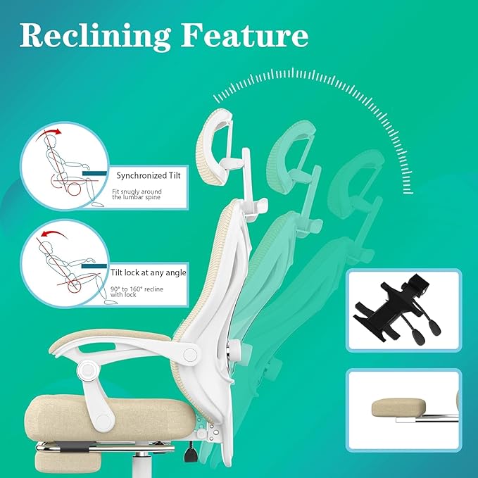 Ergonomic Office Chair with Footrest - Adjustable Lumbar Support & Headrest, 90-160° Reclining Mesh Back Computer Chair - Home Office/Gaming, 330lbs Capacity (SGS Certified)