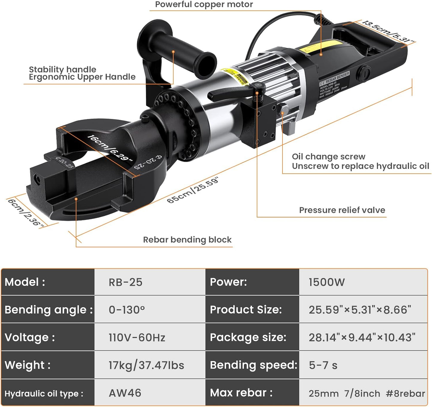 Anbull 1500W Electric Rebar Bender,Hydraulic Rebar Bending Machine Bending up to 1 Inch #8 25mm Rebar with an Extra Set of 10-18mm #3 - #6 Rebar Bending Head, Bending Angle 90 Degrees or Greater