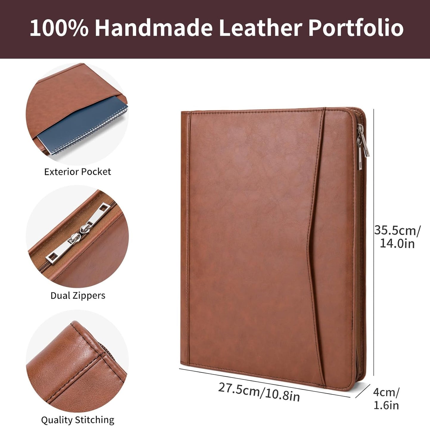 Personalized Vegan Leather Portfolio with Front Pocket for Men Women, Custom 8.5 x 11 Legal Pad Notepad Holder, Zippered Business Organizer, Professional Work Folder, Brown