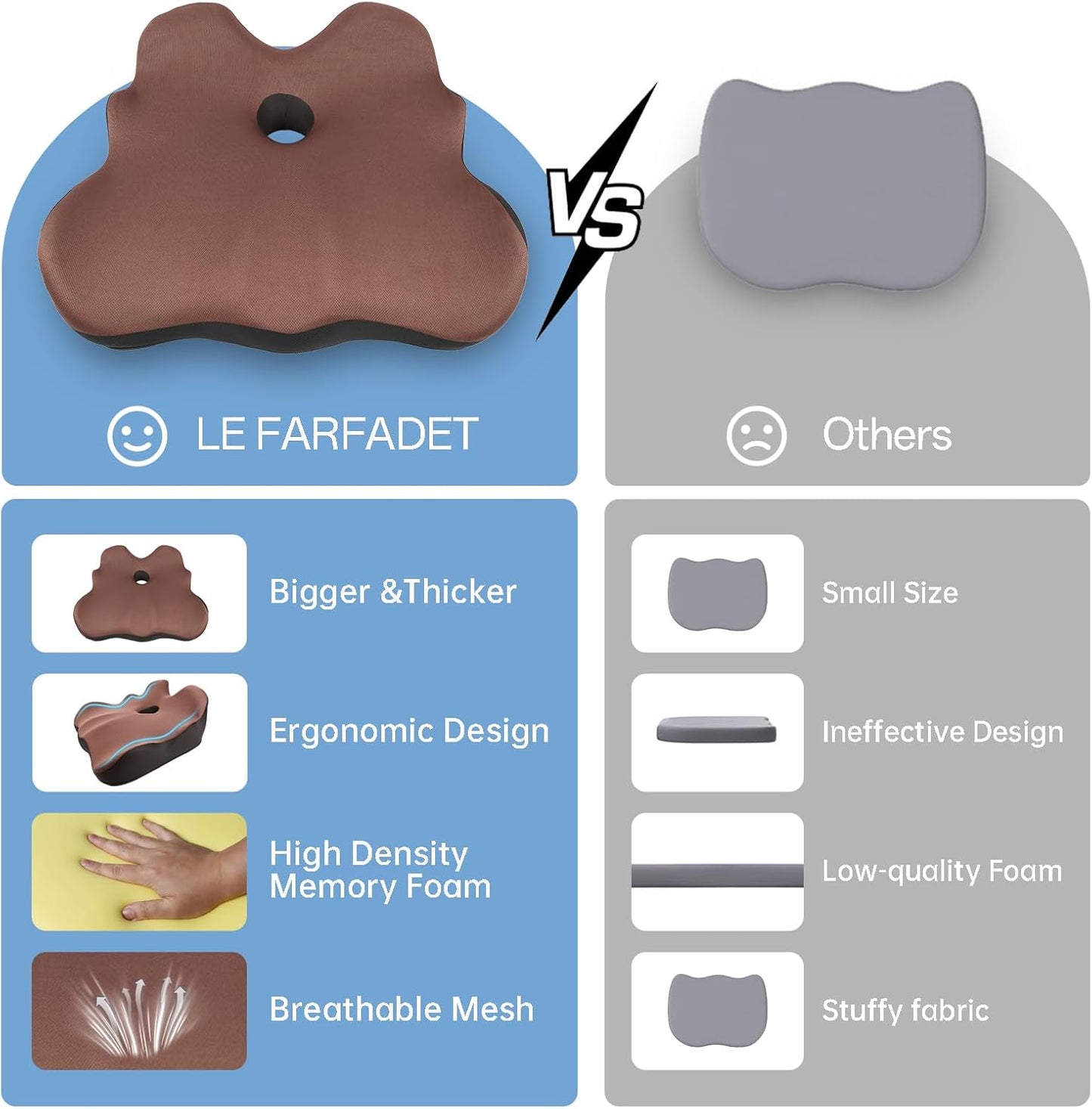 Seat Cushion, X-Large Memory Foam Office Chair Cushion, for Pressure Relief Sciatica & Pain Relief for Long Sitting Hours on Office/Home Chair, Car (Brown)