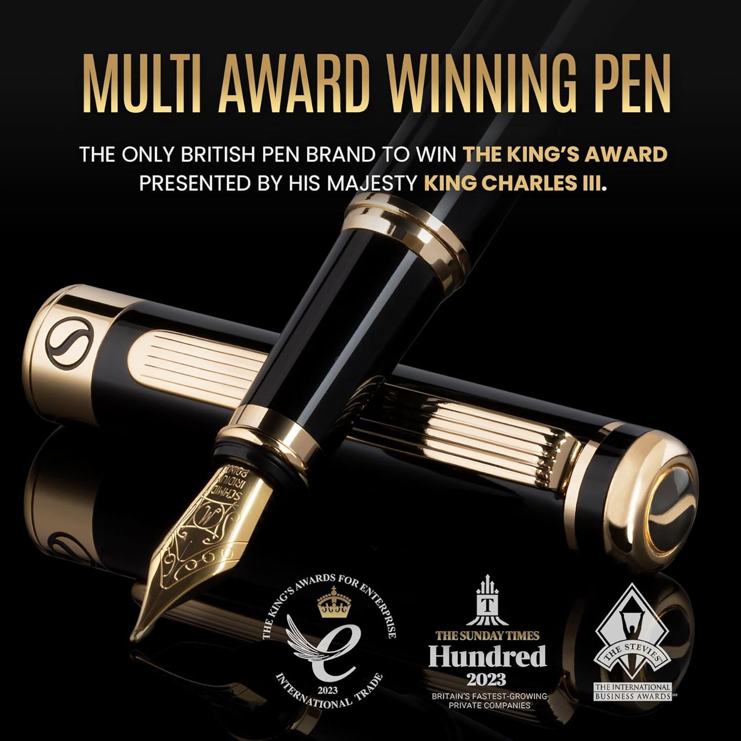 Scriveiner Personalized Black Fountain Pen - Stunning Luxury Pen, Jet Black Lacquer, Real Gold Plating, German Schmidt Nib (Medium), Best Engraved Gift Set for Men & Women, Name Engraving