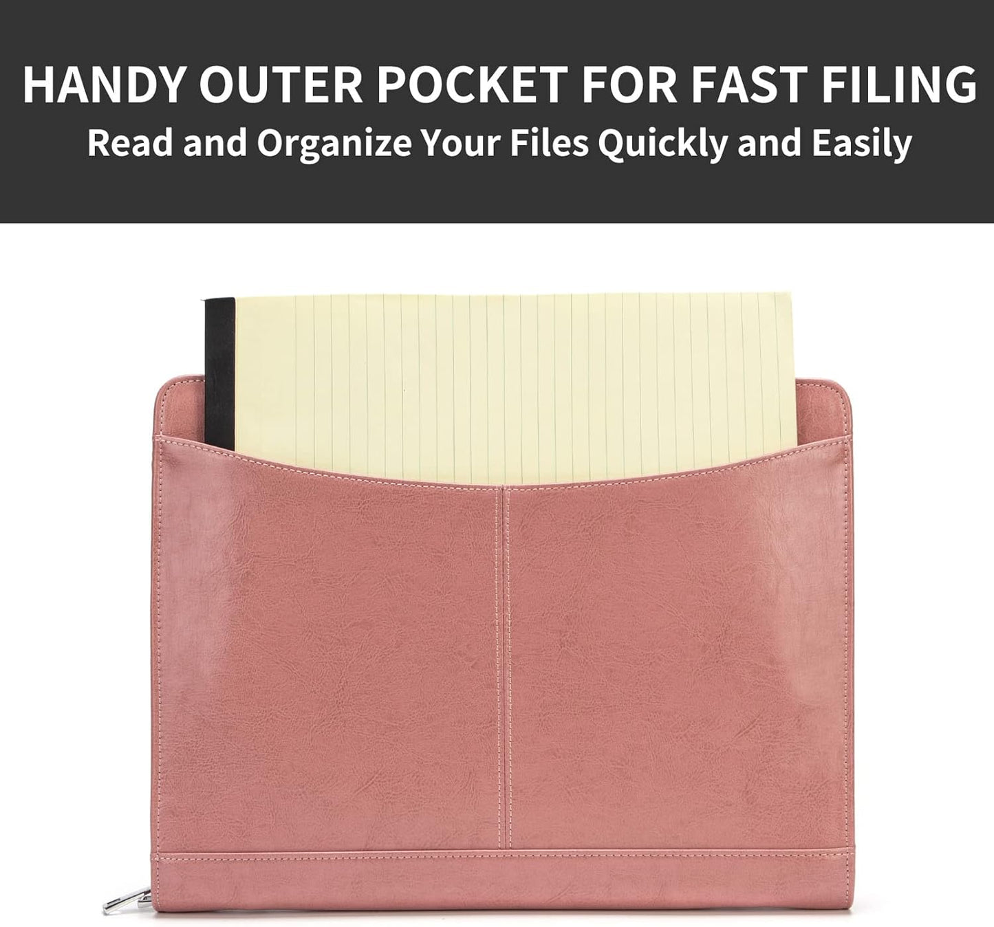 Personalized Vegan Leather Portfolio with Front Pocket for Women, Custom Zippered Padfolio Binder for 8.5 x 11 Legal Pad Notebook, Professional Laptop Case, Pink