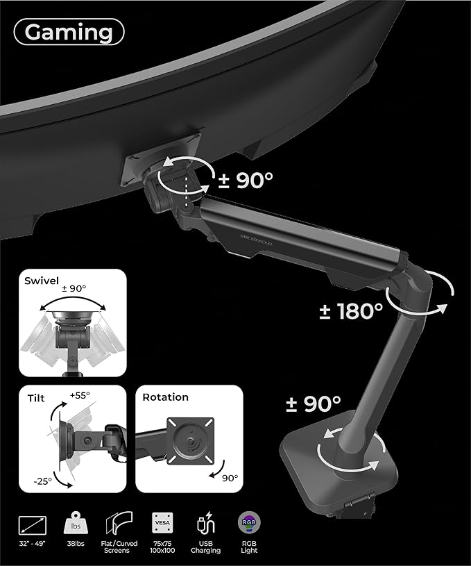 Heavy Duty Ultrawide Monitor Arm with RGB Lighting & USB Charging, Fits 34 to 49 inch Curved Screens, Supports 14 to 38 lbs, Adjustable Desk Mount, Compatible with Gaming Setup, White