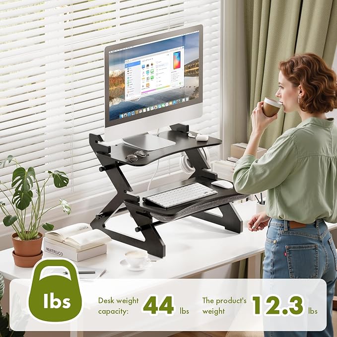 Amazer Standing Desk Converter, 22 inch Bamboo Small Sit Stand Up Desk Riser with Lap Desk Computer Desktop Desk Converter for Monitor and Laptop with Keyboard Tray, Black