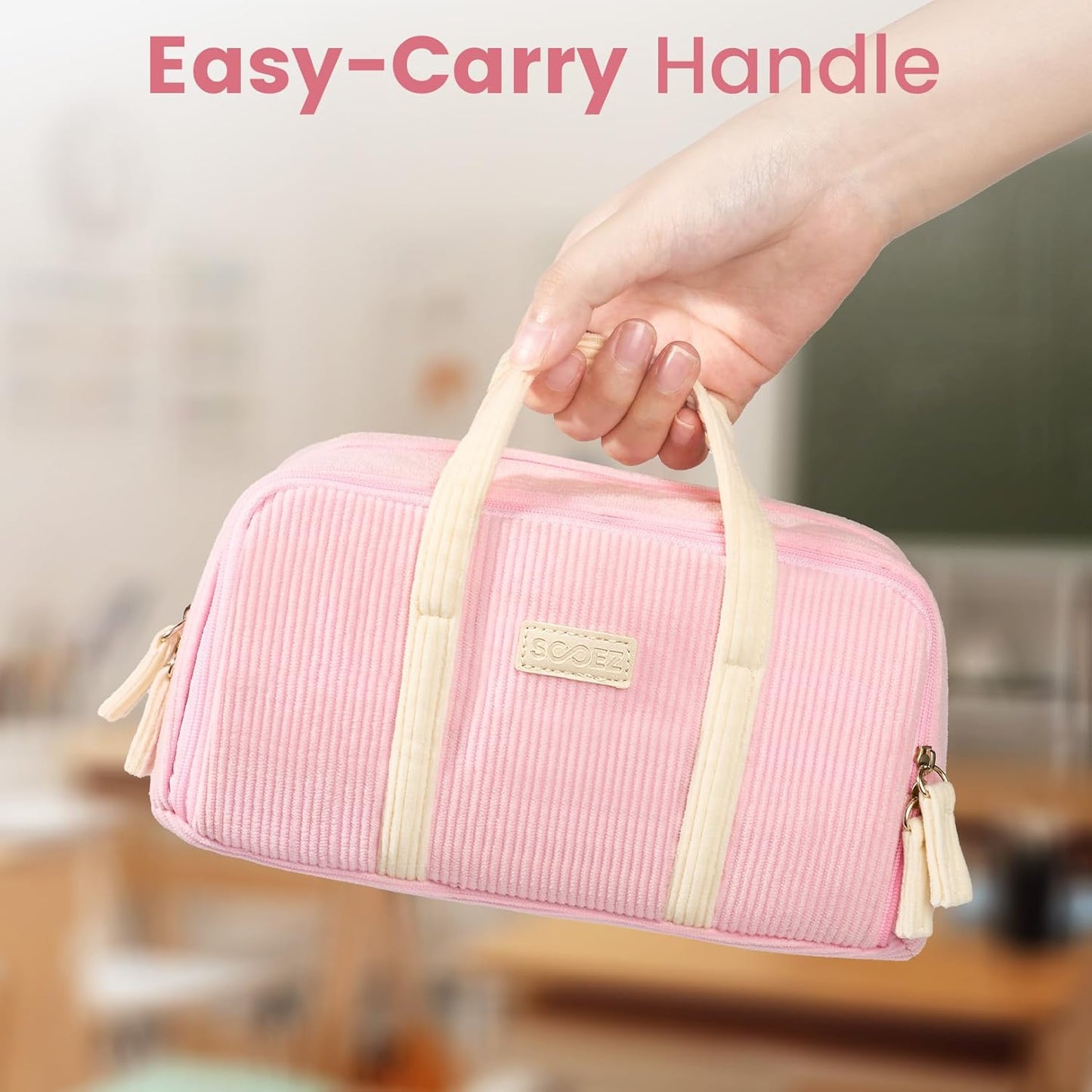 Sooez Large Pencil Case Pouch, Extra Big Pencil Bag with 5 Compartments, Pen Case Wide Opening, Soft Corduroy Pen Bag Organizer with Zipper, Cute Aesthetic School Supplies for Teen Girls, Brown