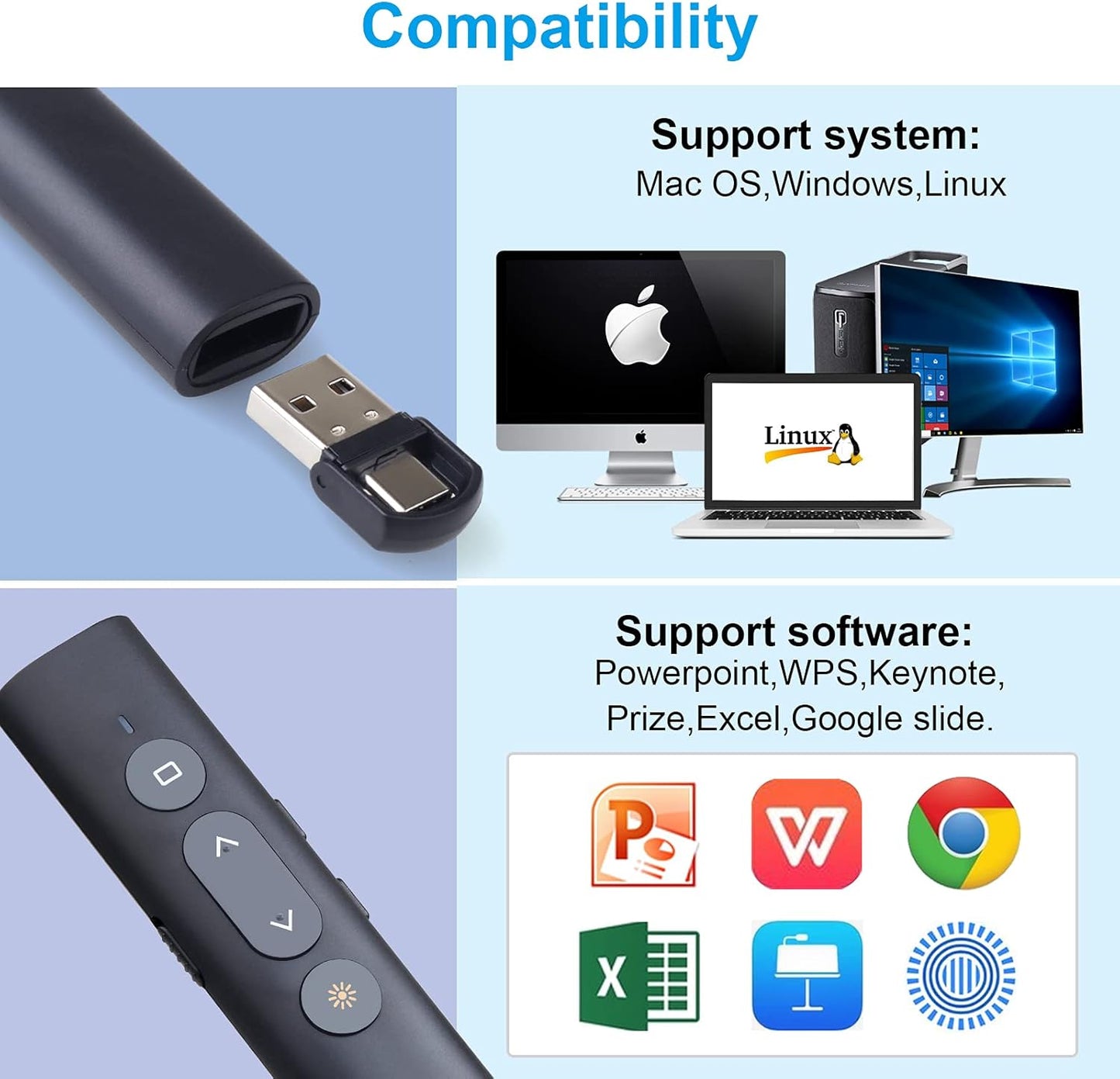Presentation Clicker Presentation Remotes, Type C/USB A 2 in 1 Pointer, Remote PowerPoint Clicker,USB/Type-C for Computer Slide Advancer, Volume Control/Hyperlink/Switch Windows(Battery Included)
