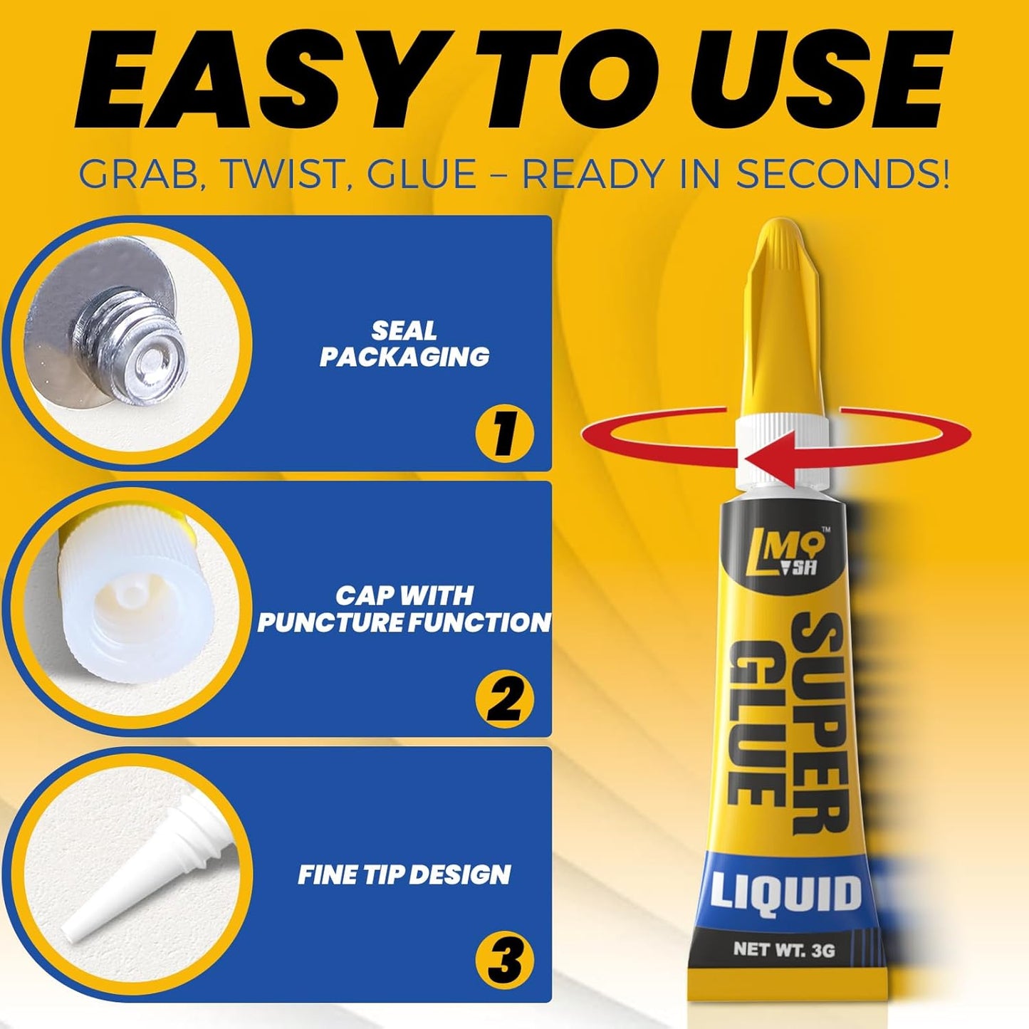 Super Glue 12x3g Liquid CA Glue, Clear Cyanoacrylate Adhesive Single Use for Shoe Sole Repair Ceramic Plastic Model Metal Wood Aquarium Leather Pottery Glass, Food Safe Strong and Instant Bonding