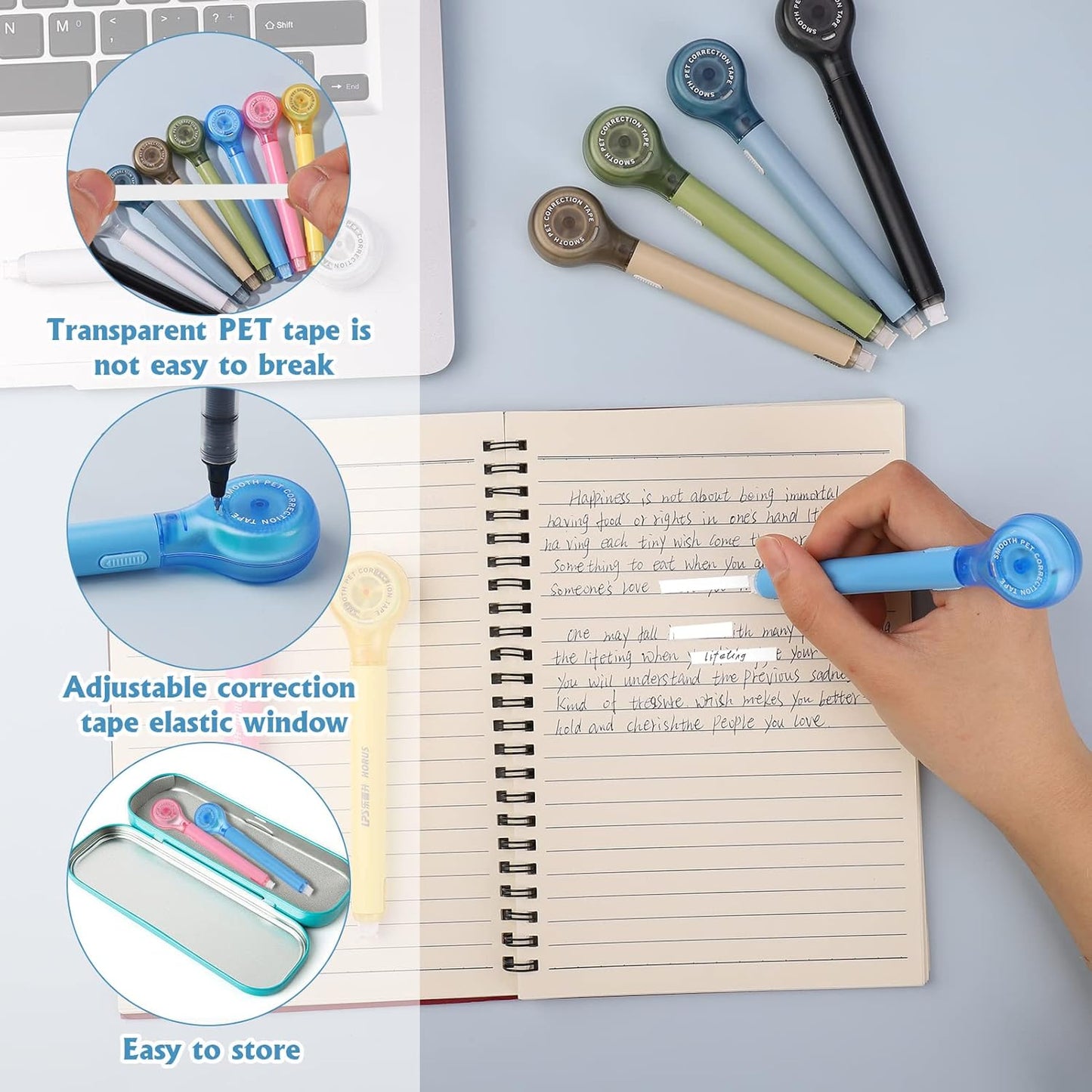 8 Pack Correction Tape Pens, 8 Color Comfortable Pen Shape Correction Pen Tape Pens Easy to Use Applicator for Instant Correction School Office Supplies, 1/5" X 236"