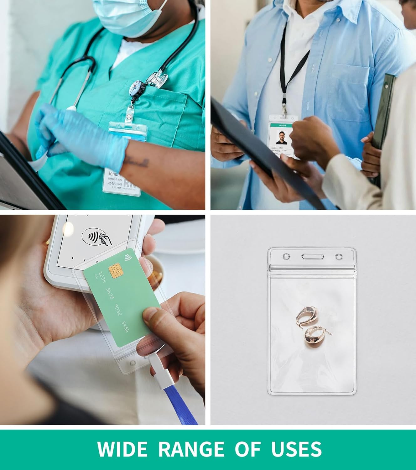 50 Pcs Vertical ID Badge Holder, Clear Plastic Card Sleeve, Nurses Work Name Tag Holders, Key Cover Protector with Waterproof Zip for Lanyard, Fits Credit Size Cards