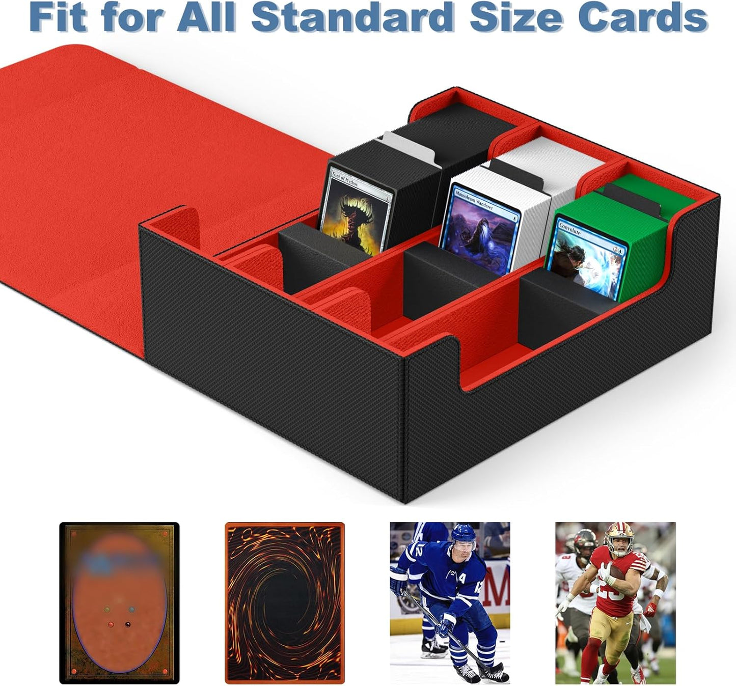Mlikero Card Deck Case, 1800+ Trading Card Storage Box with 10 Dividers and 3 Foam Stoppers, Leather Magnetic Closure Commander Deck Box Fit for YuGiOh, MTG and Sport Cards(Black&Red)