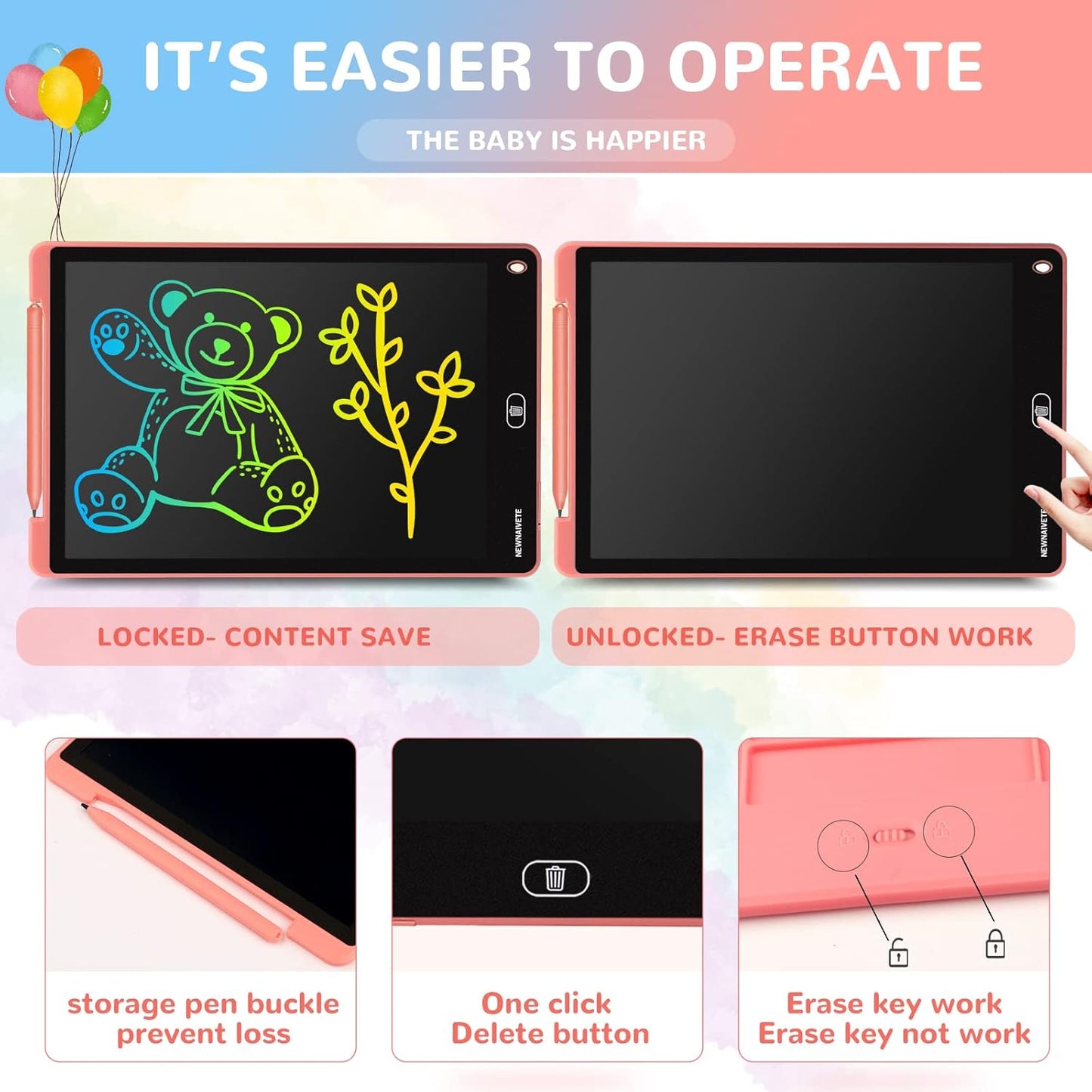 LCD Writing Tablet, 12 Inch Toddler Doodle Board, Colorful Drawing Tablet, Erasable Electronic Drawing Writing Pads, Educational Toys Gifts for Kids Age 3 4 5 6 7 8 Year Old Girls Boys