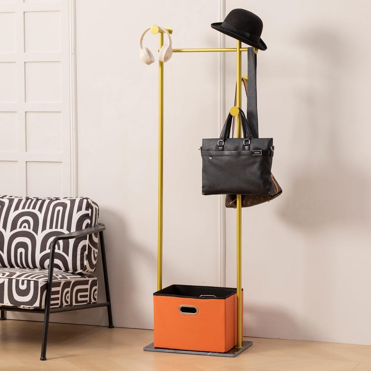 Coat Rack Freestanding with Storage Basket Heavy Duty Clothes Rack Marble Base Modern Coat Stand for Bedroom Living Room Hotel 13.39" D x 19.69" W x 68.9" H (Gold)