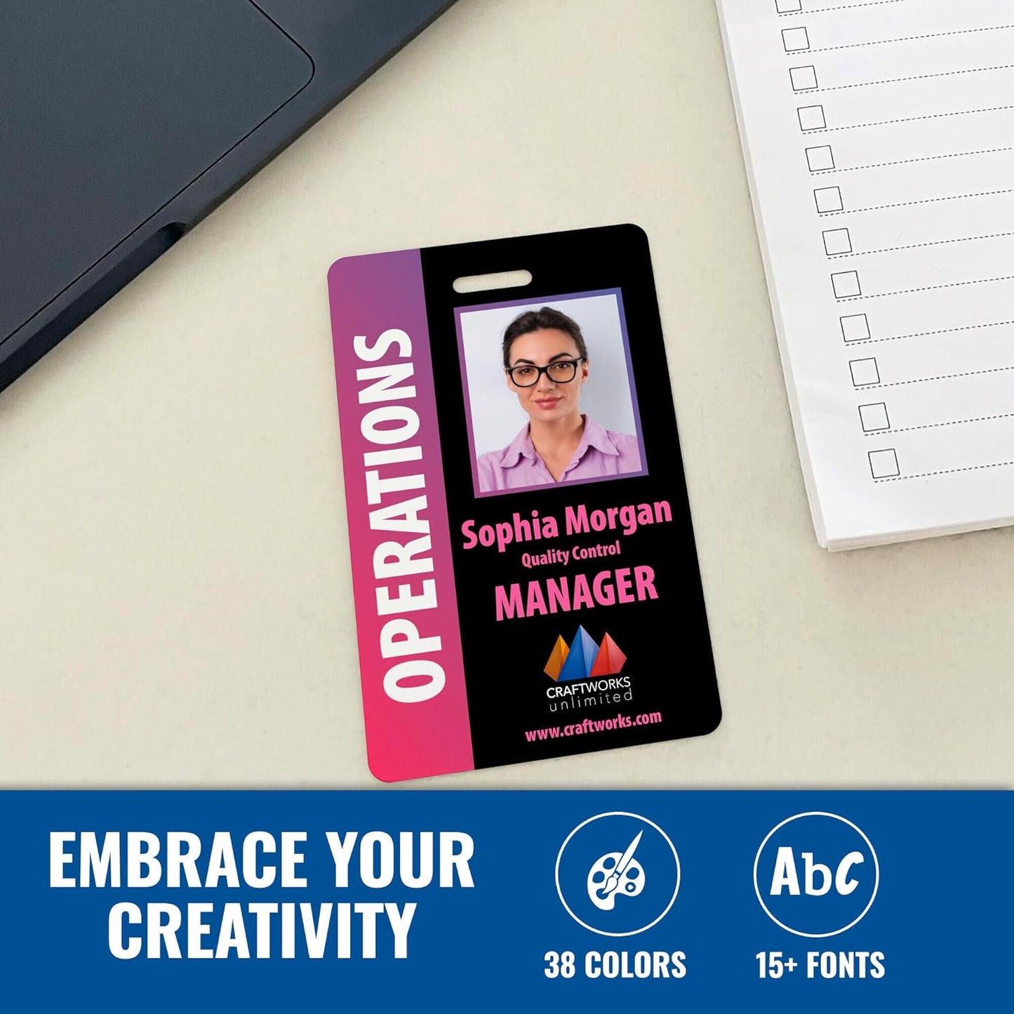 Custom Print Employee ID Badge with Vertical Side Text, Double Sided Print with Name, Photo, Logo, and Barcode – Unique Photo ID Card Solution (ID Vertical)
