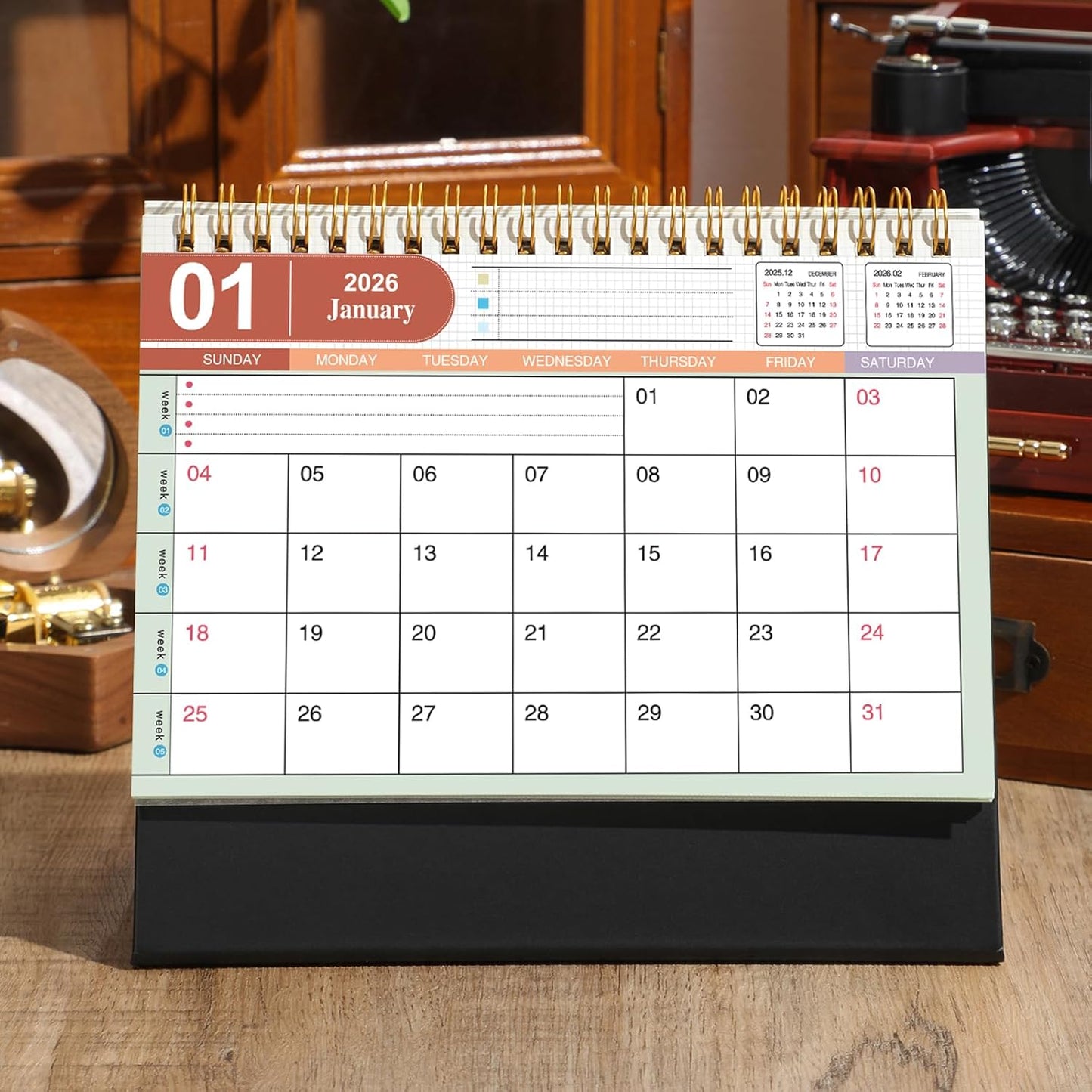 Desk Calendar 2025-2026, Standing Flip Medium Desktop Calendar from July 2025 to December 2026 - Metal Ring Twin-Wire Binding 18 Month Desk Calendar for Home Office School (L-Black)