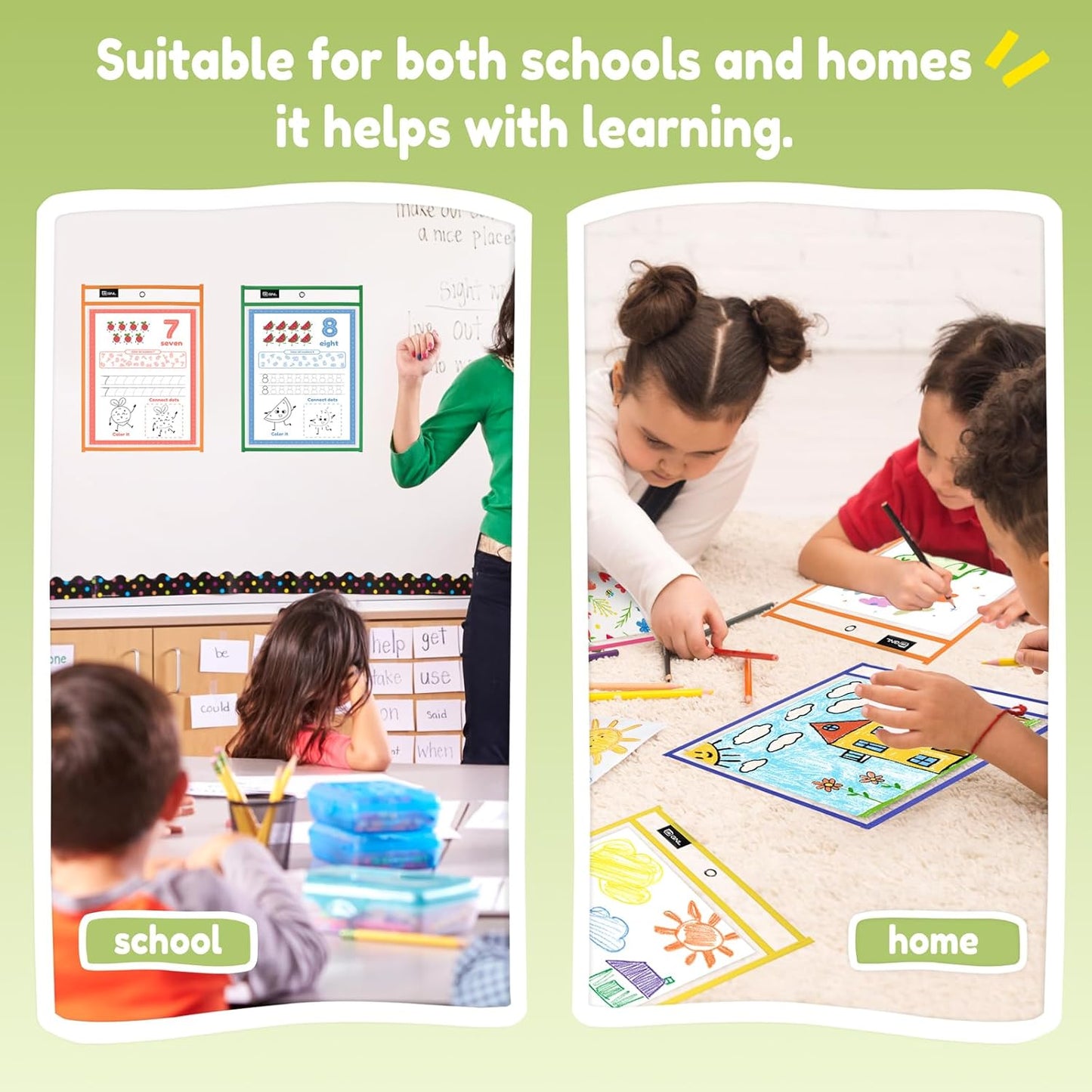 GNL Dry Erase Pocket Sleeves 30 Packs, Reusable Clear Plastic Ticket Holders with Rings, Durable & Easy-to-Erase Sheet Protectors, Assorted Colors 10x14 Inch for Classroom & School Teacher Supplies