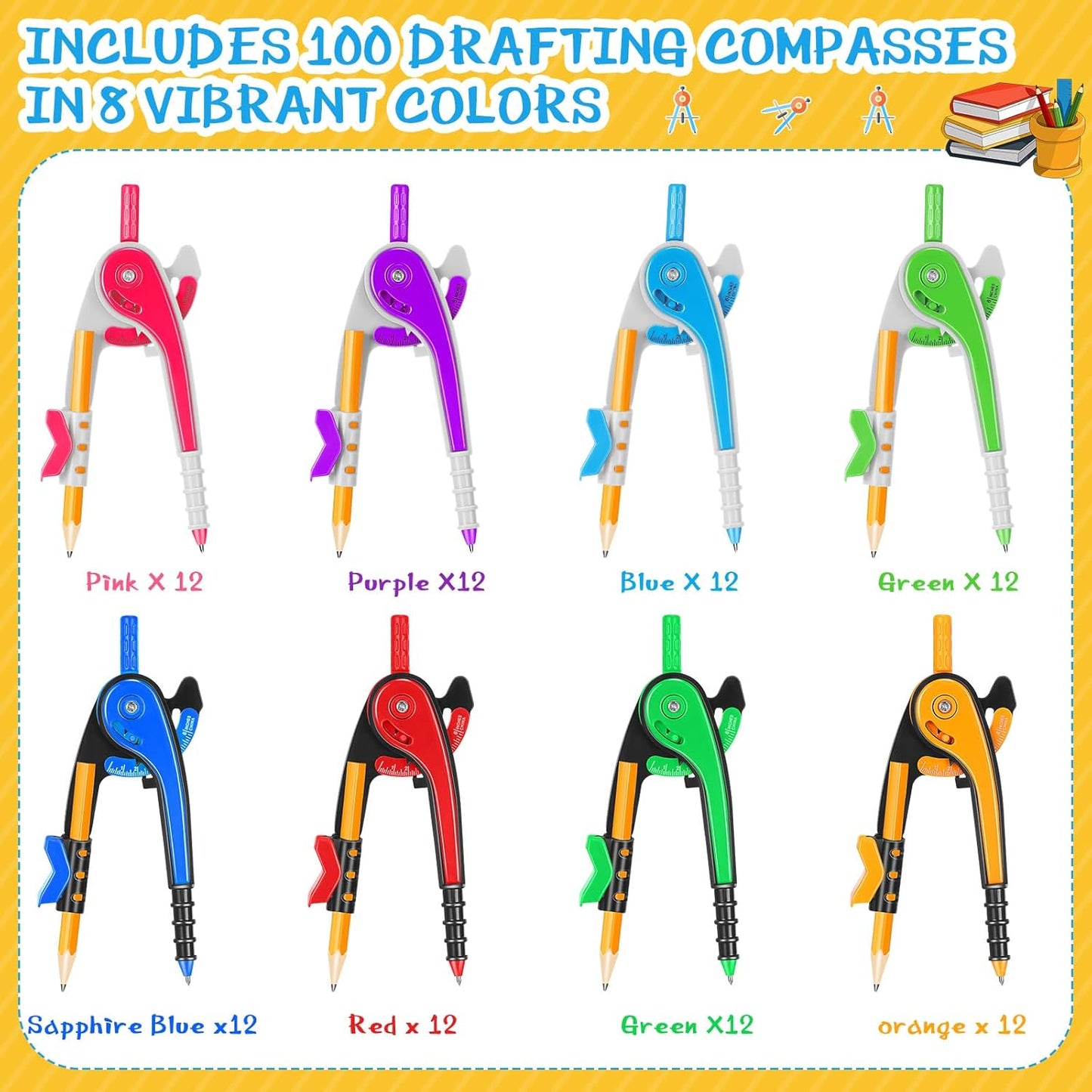 Zonon Student Math Geometry Compass Bulk 6 Inch Plastic Drawing Compass with Pencils Bright Color Precision Tool Back to School Supplies(100 Pcs)