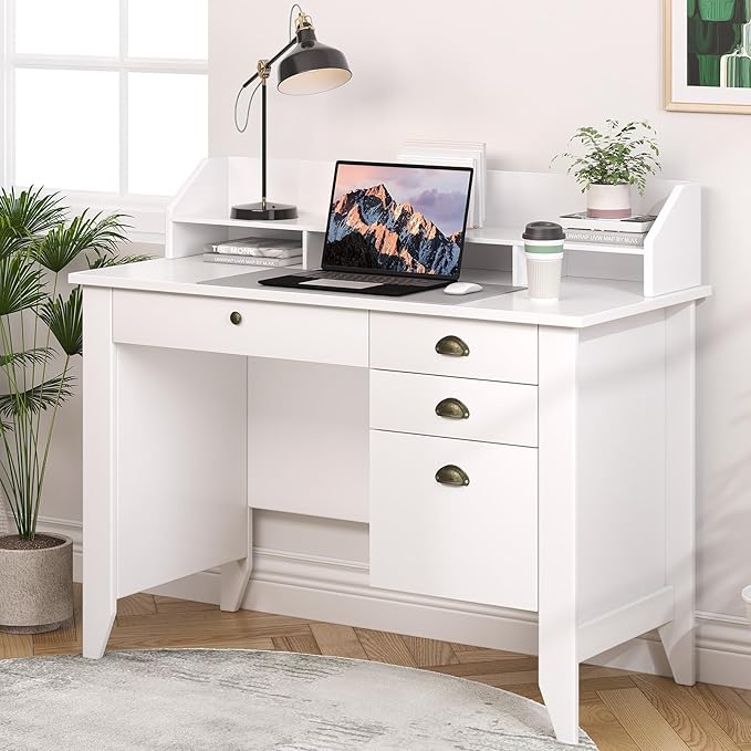 4 EVER WINNER White Desk with Drawers, Small Desk with File Drawer for Small Spaces, Writing Desk with Monitor Stand Wood Table for Home Office, White