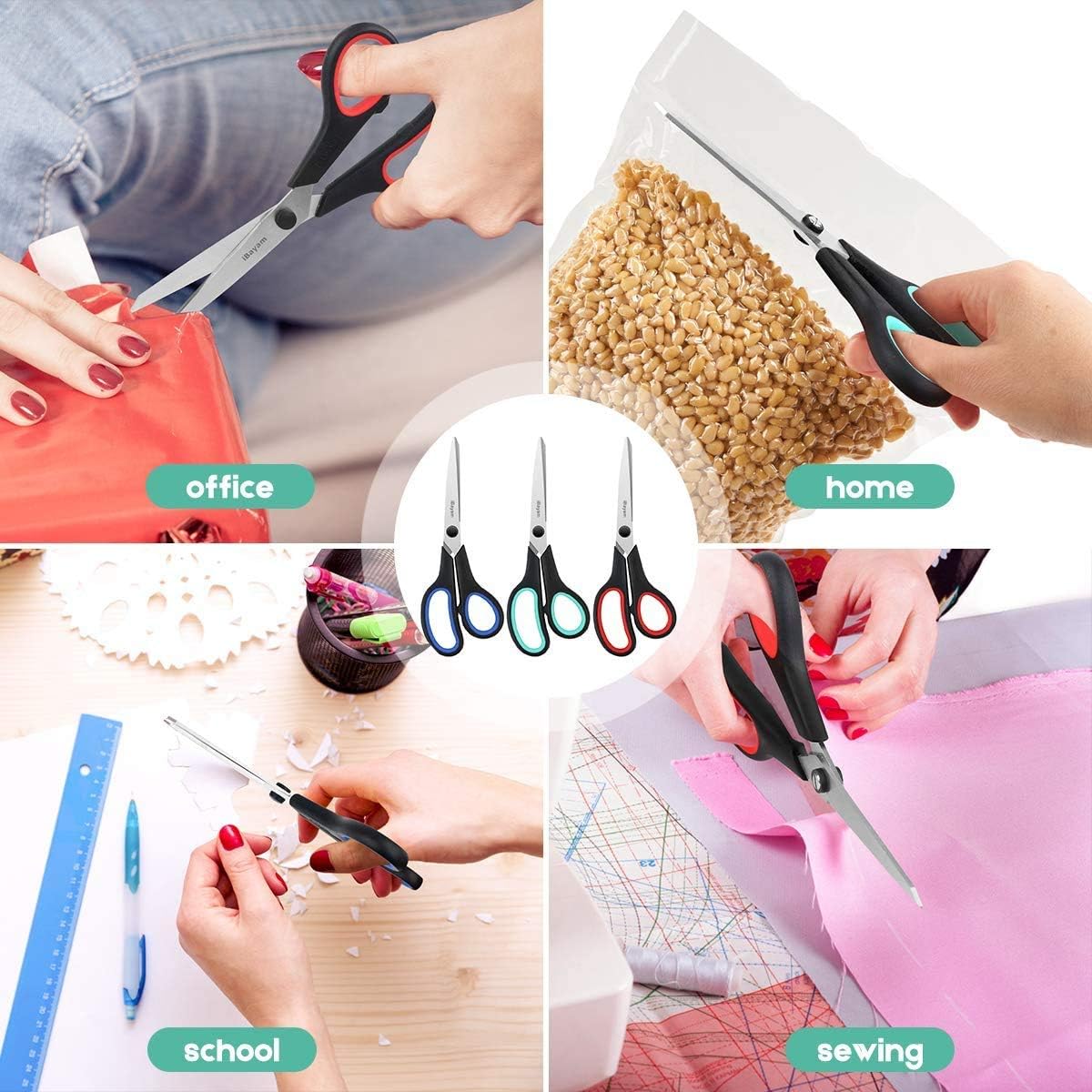 Scissors All Purpose, iBayam 8" Heavy Duty Scissors Bulk 3-Pack, 2.5mm Thickness Ultra Sharp Blade Shears with Comfort-Grip Handles for Office Home School Sewing Fabric Craft Supplies, Right/Left Hand