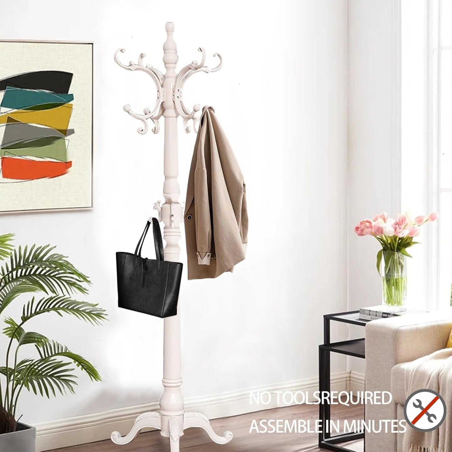 Wooden Coat Racks, Retro 78" Coat Tree with 12 Hooks & Stable Triangular Base, Entryway Coat Rack Freestanding for Hat, Clothes, Scarves, Handbags, Umbrella (Ivory)