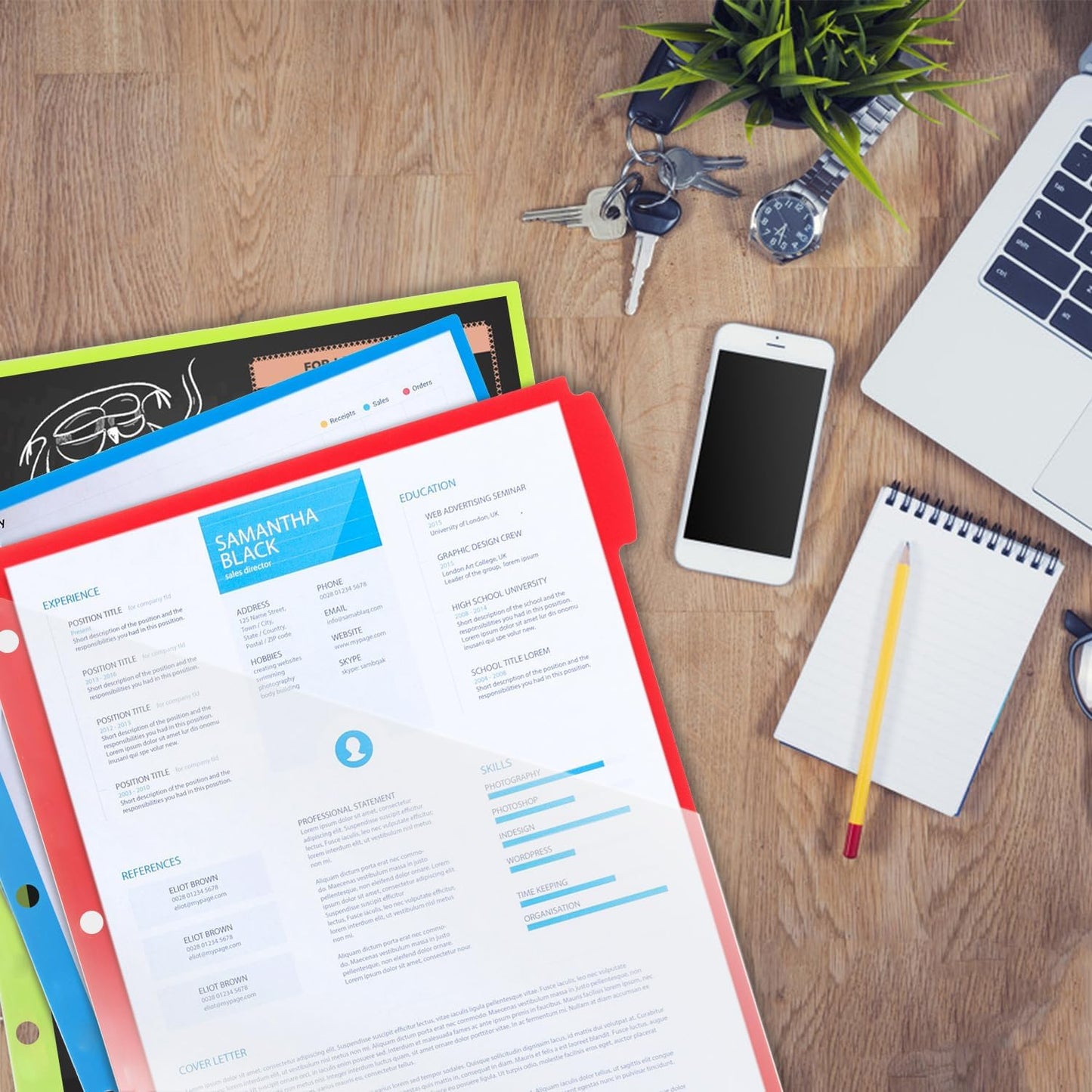 Plastic 5-Tab Dividers with Clear Front Pockets -2 Sets, Pocket Dividers for 3-Ring Binders, Multi-Color Binder Dividers, Total 10 Tabs