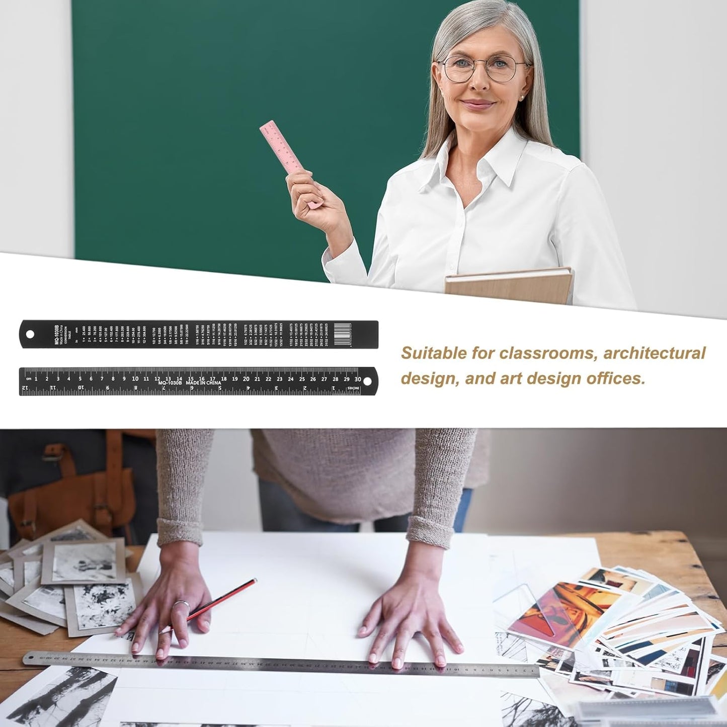 HARFINGTON 6pcs Metal Straight Ruler 30cm Metric SAE Aluminum Alloy Measuring Rulers Scale Tool with Hole for Measure Study Reading Classroom Office, Black