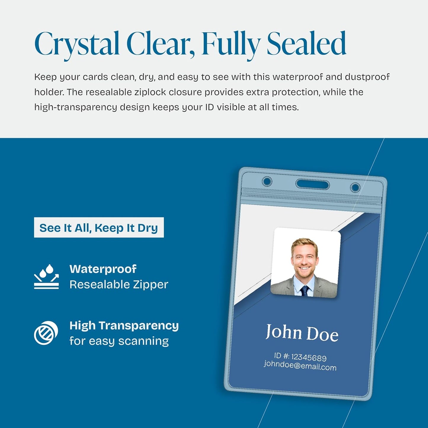 Will Well ID Badge Holders with Holes for Lanyards and Keyrings - Vertical Clear Plastic 2.6" x 3.7" Inner Size Sleeves Fit Up to 3 Cards, 0.8mm Thick Waterproof Resealable Zip Type - 12-Pack