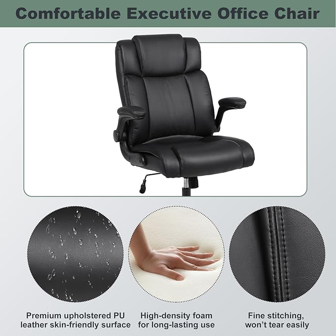 Executive Office Chair with Thicken Flip-up Armrest, Ergonomic Home Office Desk Chair with Lumbar Support, Upholstered PU Leather Computer Gaming Chair for Home/Office, Black