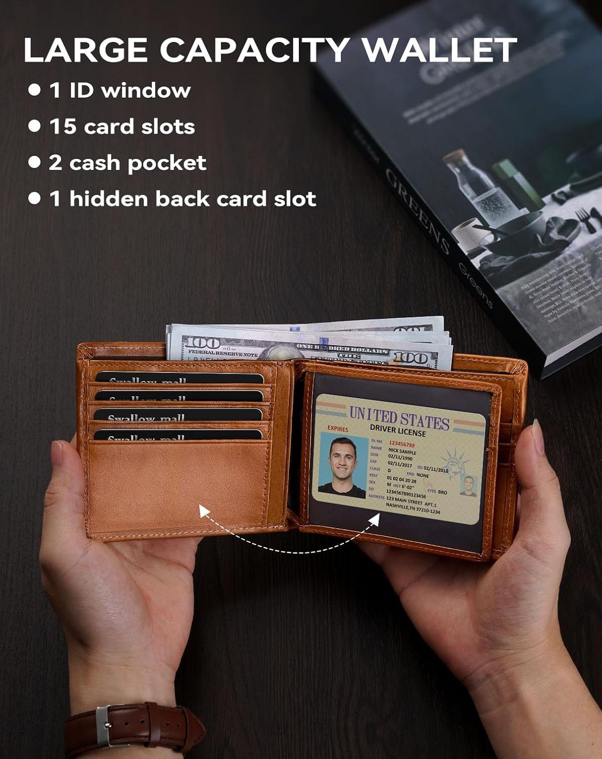 Swallowmall Mens Wallet Rfid Blocking Genuine Leather Bifold Wallets with 1 ID Window 15 Card Slots