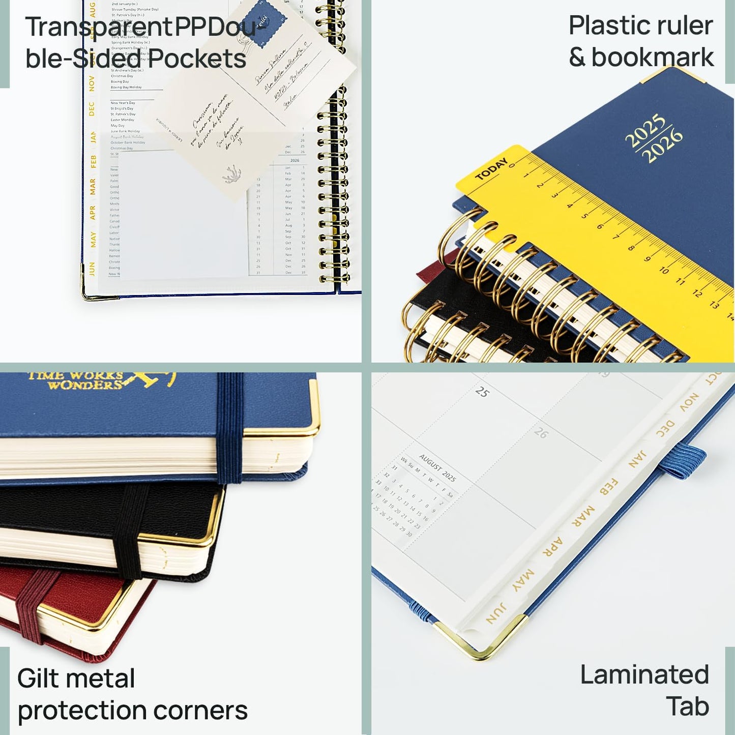 POPRUN Monthly Planner 2025-2026 Spiral Hardcover (8'' x 10''), 18 Months Calendar (Jul.2025 - Dec.2026)- 2 Pages per Month with Dotted Note Pages, Sunday Start, Laminated Tab - Pacific Green