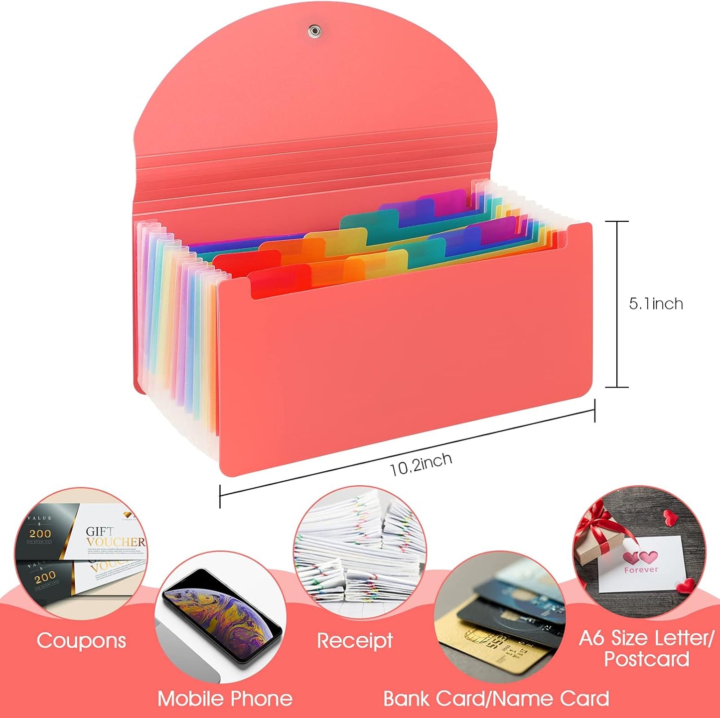 2 Pack 13 Pockets A6 Mini Coupon Organizer Wallet, Expandable Accordion File Organizer for Storage Receipt Cards Coupons Tickets - Pink