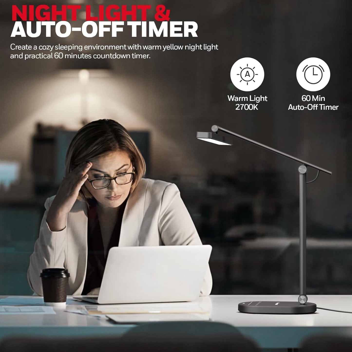 Honeywell Desk Lamp for Home Office, H4 Sunturalux™ Eye-Caring LED Desk Light, 700LM Dimmable Desk Lamp with Timer, Adjustable Desk Reading Light, Touch Auto Dimming Table Lamp for Study, Bedroom