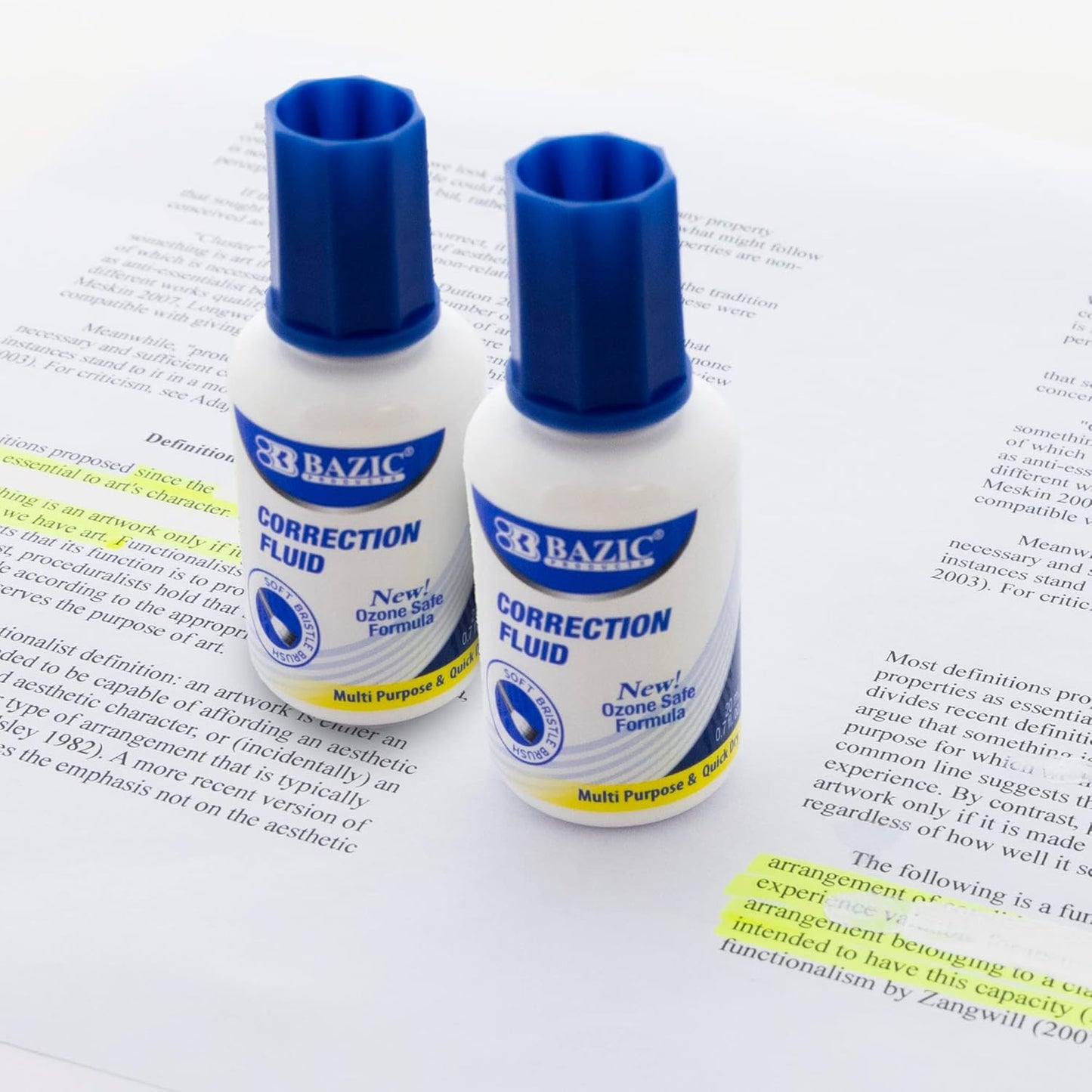 BAZIC Correction Fluid (0.7 oz / 20 ml), Soft Bristle Brush Applicator, Instant Corrections Pen White Out Wipe Out Liquid (2/Pack), 2-Packs