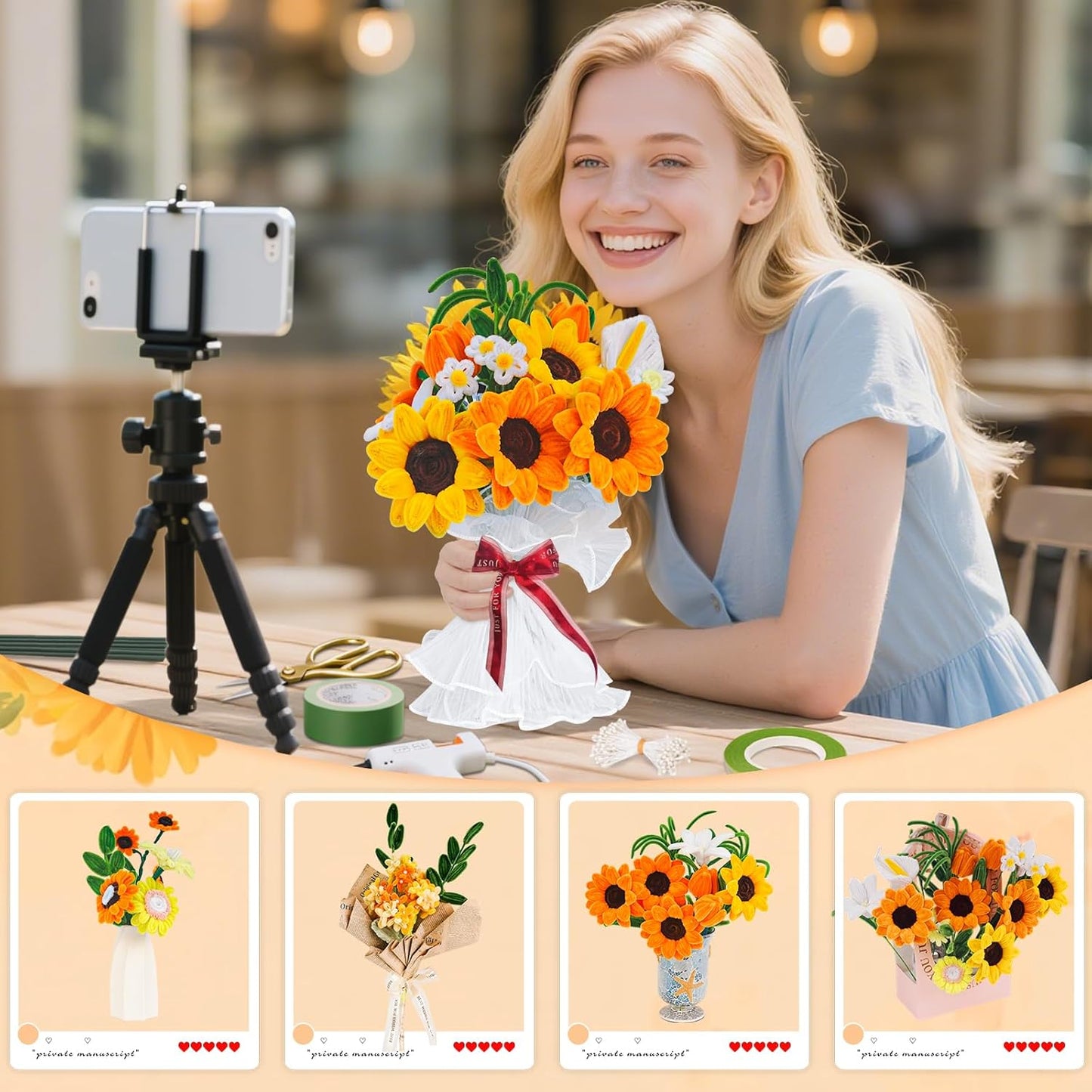 500 PCS Pipe Cleaners Craft Kit for Flower Making Sunflower DIY Material Bundle with 20 Stems, 100 Stamens, Ribbon, Tulle, Glue Sticks & Step-by-Step Guide Vibrant Colors, Non Shedding, FadeResistant