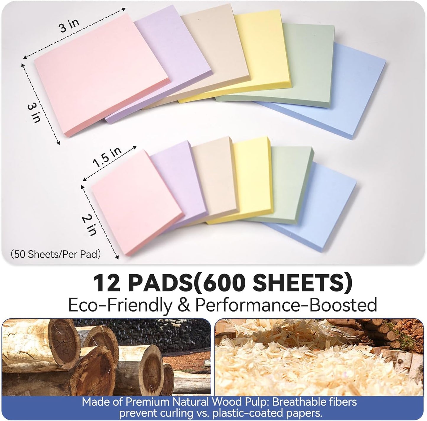 Sticky Notes 3x3in + 2x1.5in Small Sticky Note, 12 Pack 6 Colors Self-Sticky Note Pads | Sticks Strong & Removes Clean | Recycled Paper Cute Sticky Notes to School Supplies, Office Products