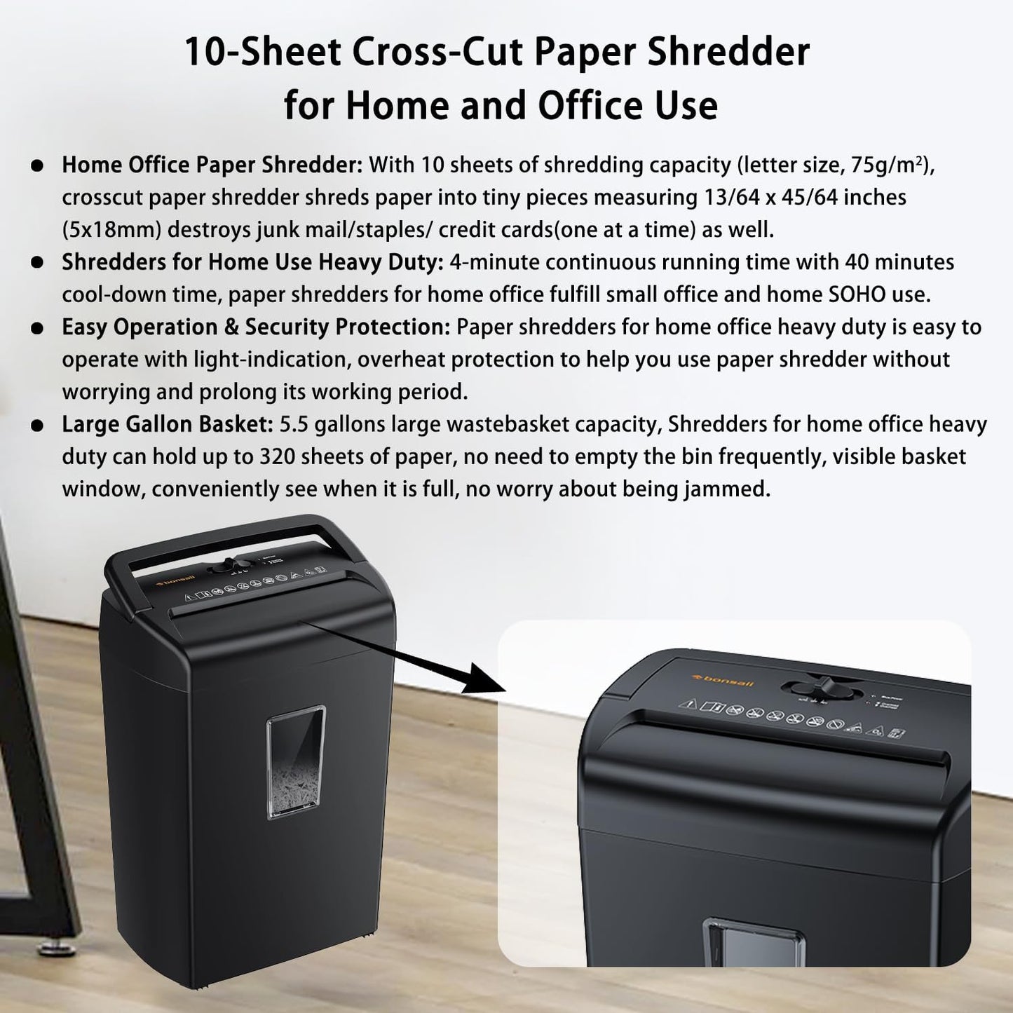 Bonsaii 10-Sheet Cross-Cut Shredder, Heavy-Duty Paper Shredder for Home Office, Handles Credit Cards, Staples, and Paper Clips, 5.5-Gallon Bin with Clear Viewing Window