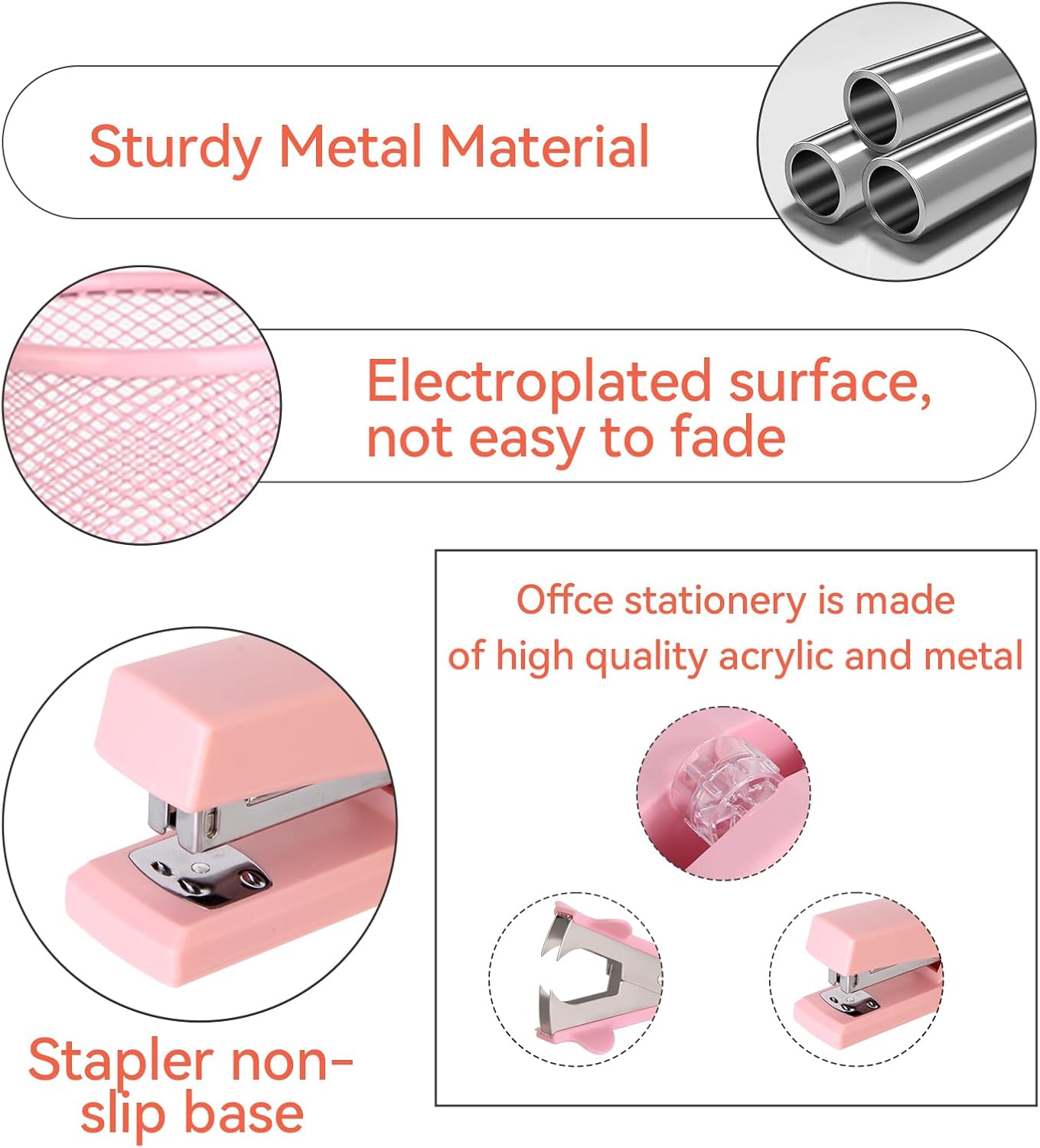 Pink Desk Accessories, Pink Office Supplies Set with Stapler, Tape Dispenser, Staple Remover, Pen Holder, Scissor, Binder/Paper Clips, Ballpoint Pen, Clear Tape and 1000pcs Staples