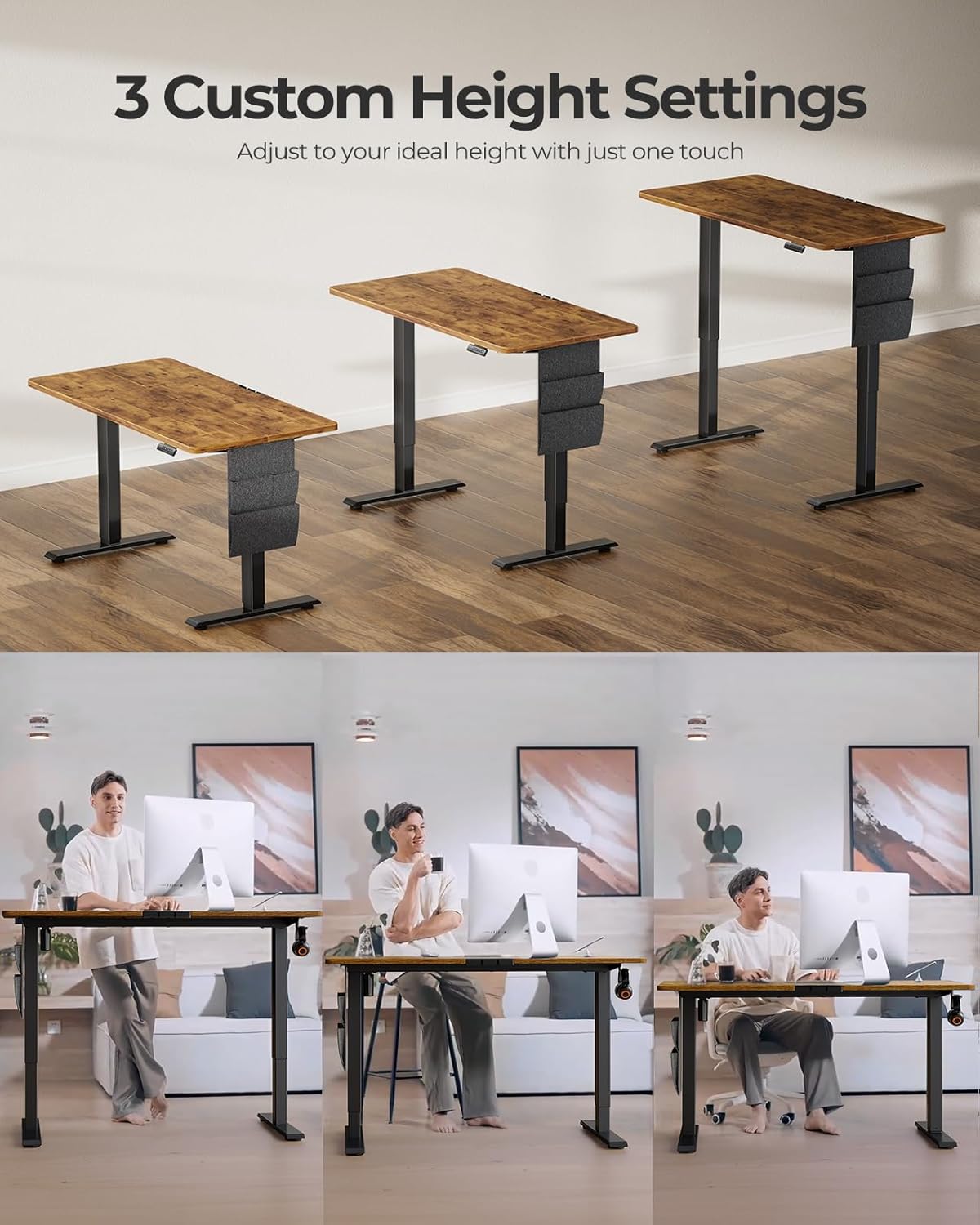 Marsail Standing Office Desk,Adjustable Heights,Stand Up Desk,55x28 Inches Desktop Sit Stand Home Office Gaming Computer Desk with 4 Memory Presets,Headphone Hook,Cable Organizer, Rustic Brown