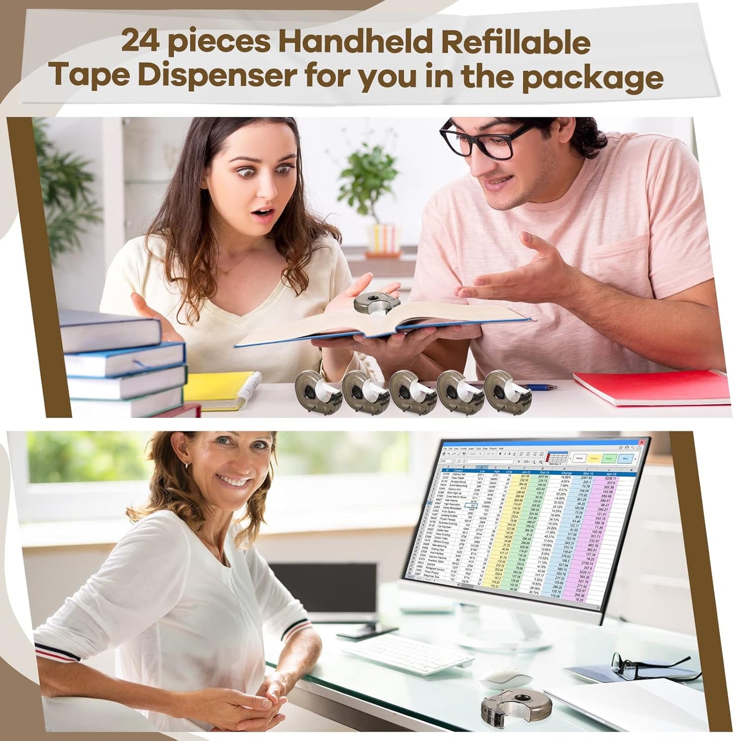 24 Pieces Handheld Tape Dispenser Desktop Adhesive Cutter Transparent Plastic Refillable Dispenser Lightweight and Portable Manual Use Adhesive Holder for Home Office Packing Gift, No Tape Included