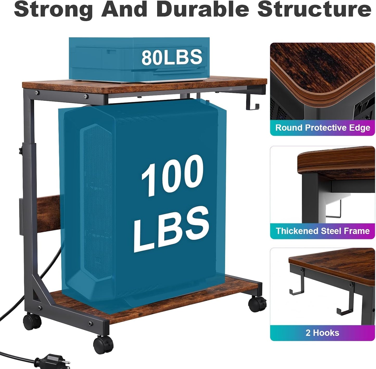Height Adjustable Computer Tower Stand with Charge Station and USB Charging Port, 2-Tier ATX-Case Cart, Under Desk Mobile PC Stand, CPU Holder Cart with Locking Caster Wheels for Fits Most PC