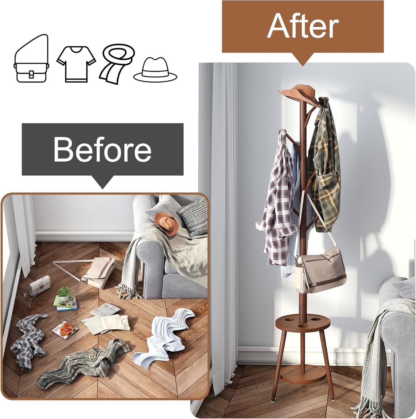 FILWH Freestanding Coat Rack with Umbrella Organizer Tray Bamboo Coat Tree Rack with 8 Hook Stand for Clothes Bag Hats Entryway Hanger Stand(Brown)