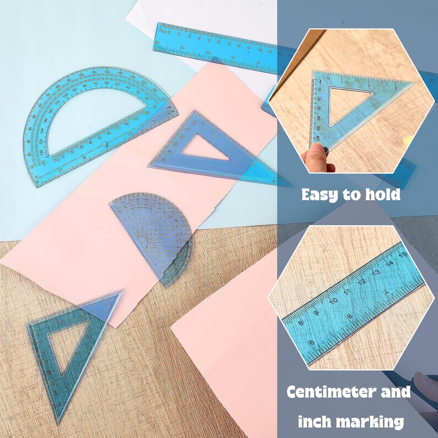 Zonon 1 Set Plastic Geometry Math Set Includes Drawing Compass, 6 Inch 4 Inch Protractor, 45/60 Degree Triangle Rulers 12 Inch 6 Inch Math Ruler Transparent for Office Supplies(Blue)