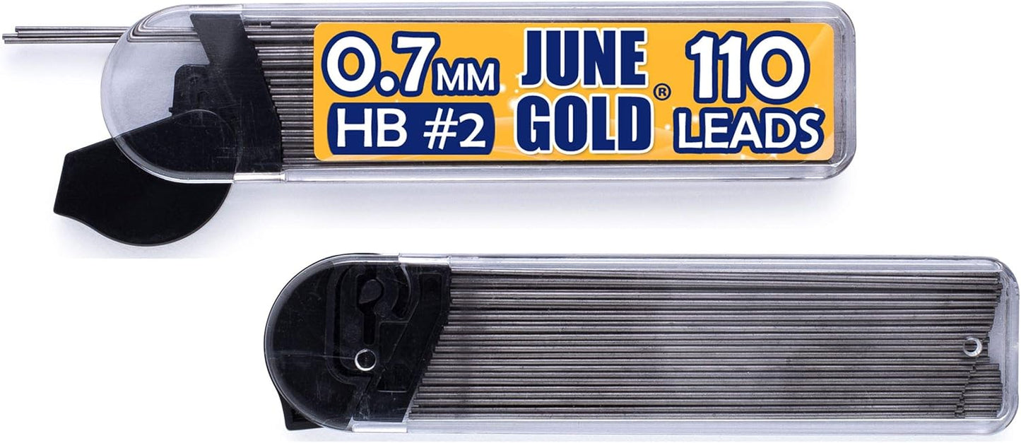 June Gold 8 Pack 0.7 mm HB #2 Mechanical Pencils, Extra Long Spin Eraser, 2 Lead Dispensers/w 220 Refills & 8 Refill Erasers, Break Resistant Lead, Soft Non-Slip Grip