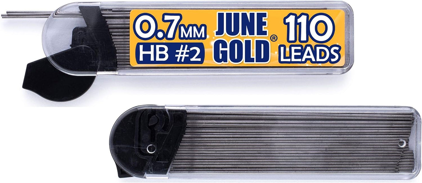 June Gold 72 Mechanical Pencils, 0.7 mm HB Lead, 2 Lead Dispensers with 220 Refills & 16 Erasers, Break Resistant, Convenient Side Click & Soft Non-Slip Grip
