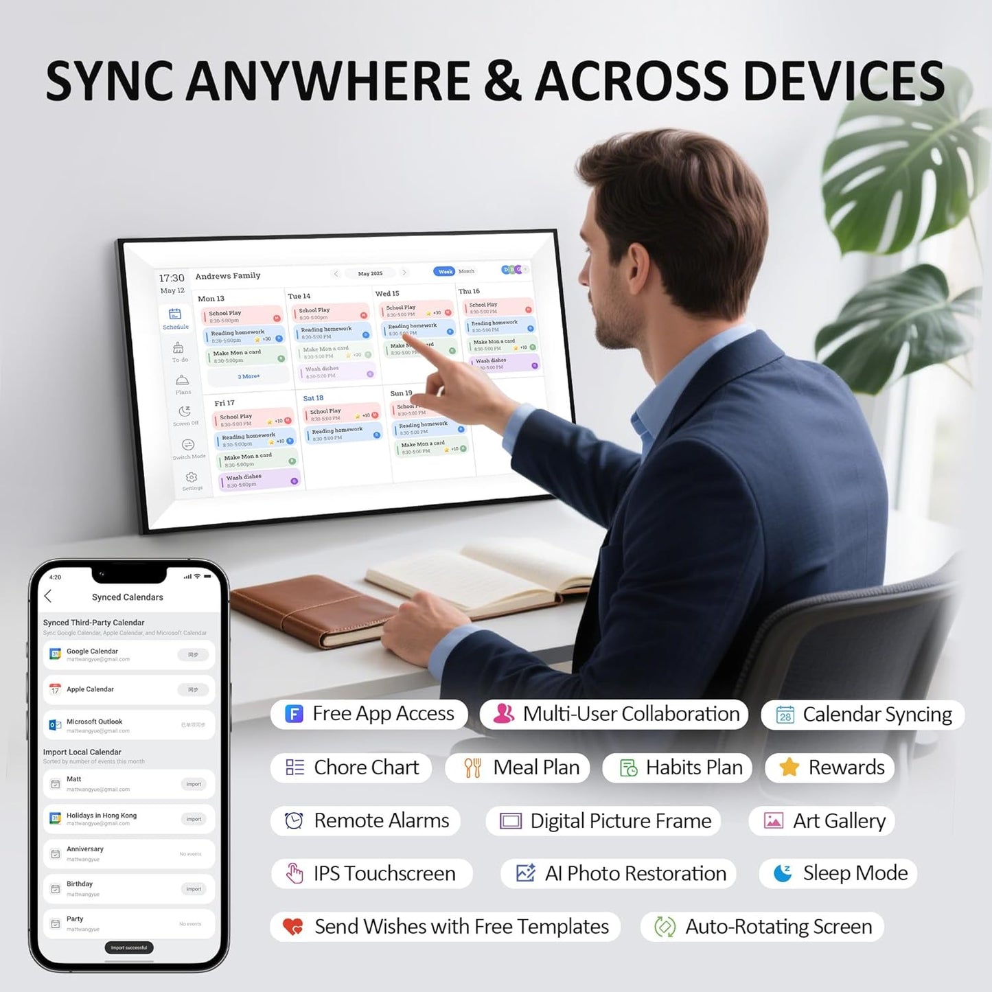 15.6 Inch Digital Calendar Chore Chart, Digital Picture frame,Smart Touchscreen Wall & Desk Electronic Calendar Family Planner for Seamless Scheduling/Organizing