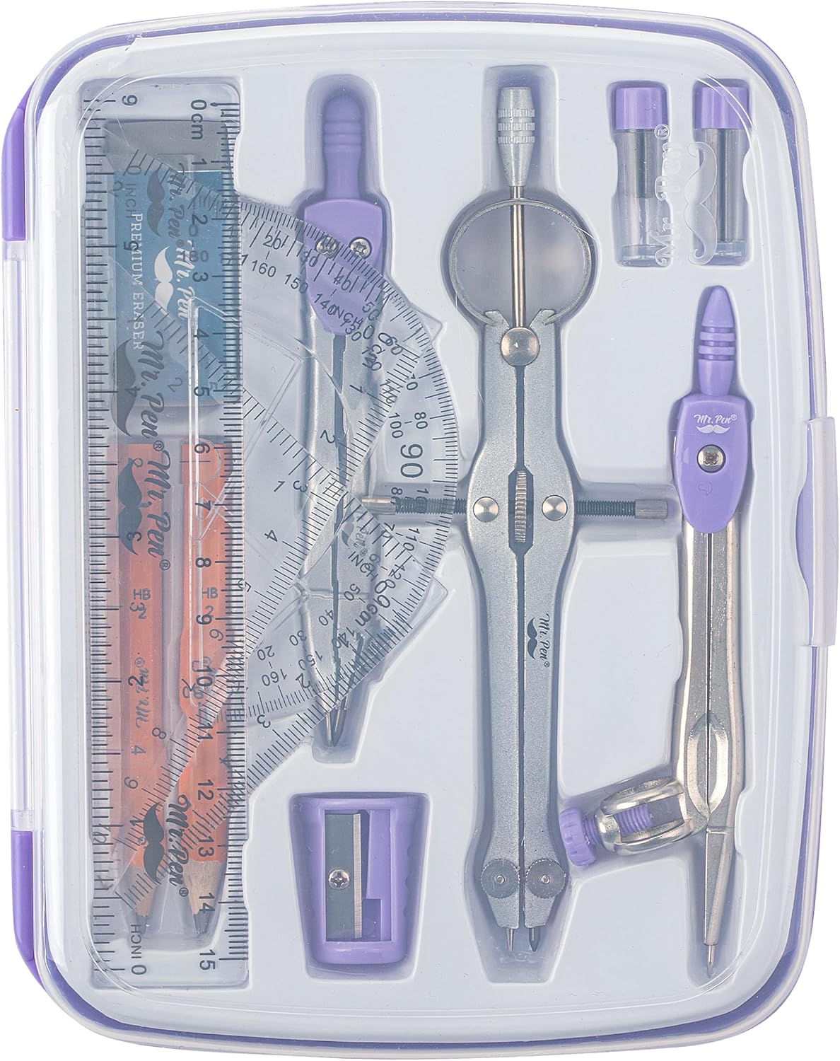 Mr. Pen- Geometry Set, 13 pcs, Compass for Geometry Compass, Geometry Kit Set with Shatterproof Storage Box, Math Compass, Geometry Set for School, Compass Math, Protractor and Compass Set, Purple