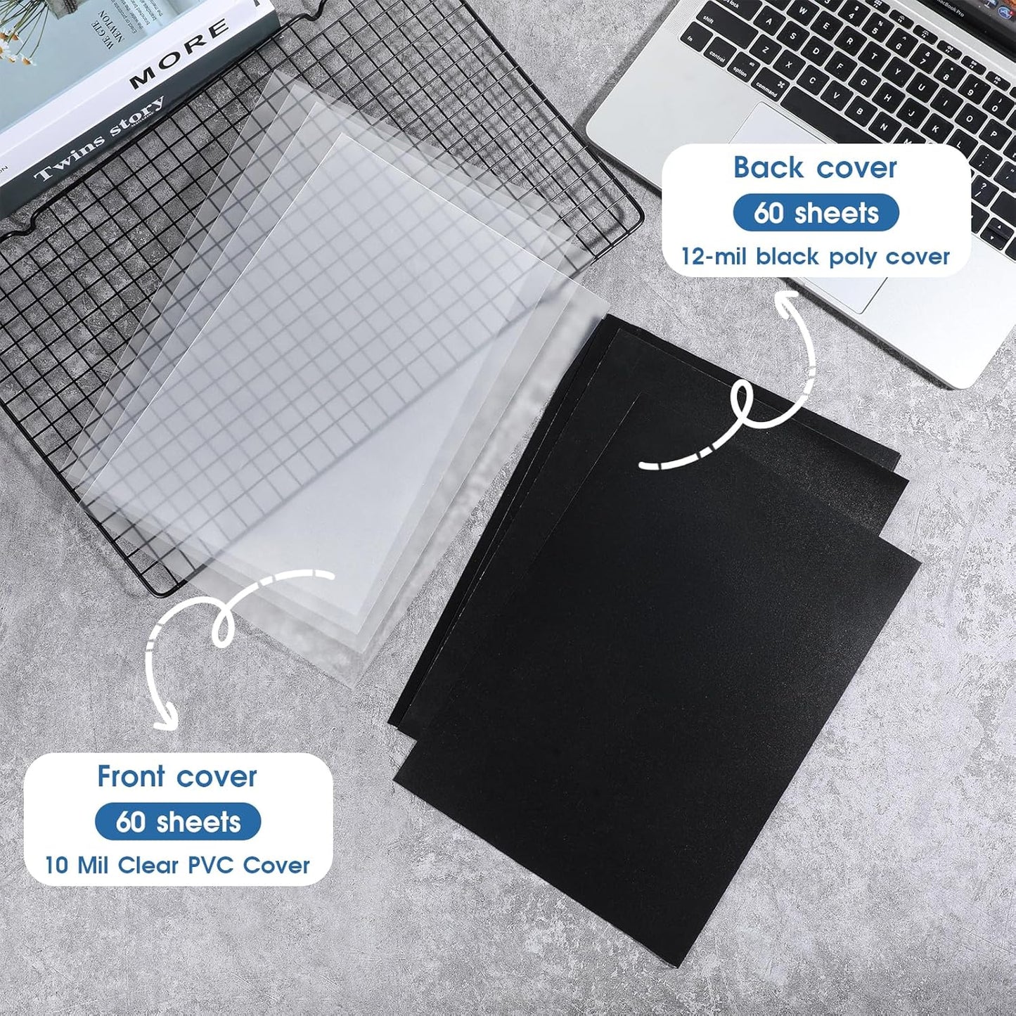 120 Pack Clear Binding Covers and Backs 8.5 X 11 Inches 12 Mil Sand-Textured Polycover, 10 Mil Presentation Binder Covers for Spiral Binding with Clear Front, Letter Size, Square Corners, Un-Punched