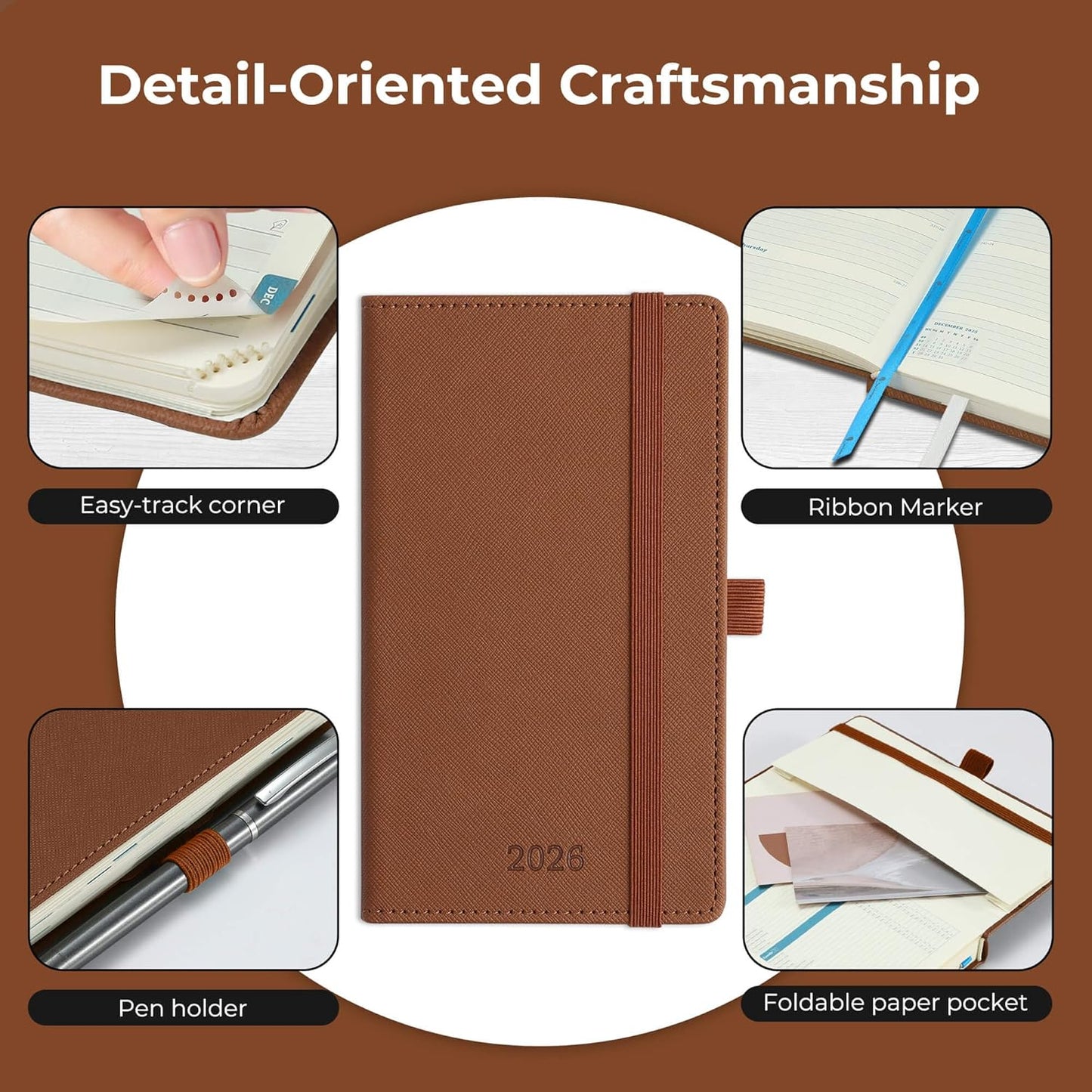 Weekly Monthly 2026 Planner (Jan.26-Dec.26),6.5"x3.75",12 Months Agenda Plan with Month Tabs & Pocket,Expenses/Note Pages, Appointment Book Calendar with Hardcover Vegan Leather Cover,Brown