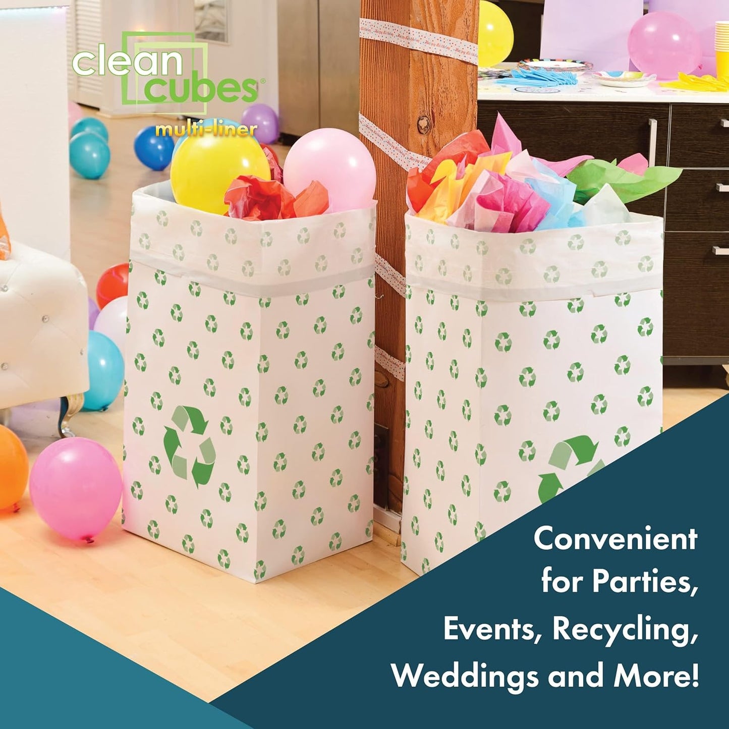 | 30 Gallon Multi-Liner Disposable Trash Cans (3-Pack) - Reusable Garbage and Recycling Bins for Parties, Events, and More (Recycle)