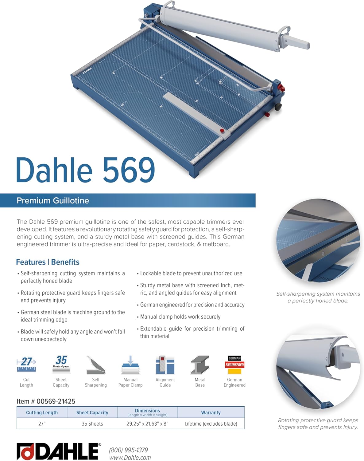 Dahle 569 Premium Guillotine Trimmer, 27" Cut Length, 35 Sheet Capacity, Self-Sharpening Blade, Manual Clamp, w/Safety Guard